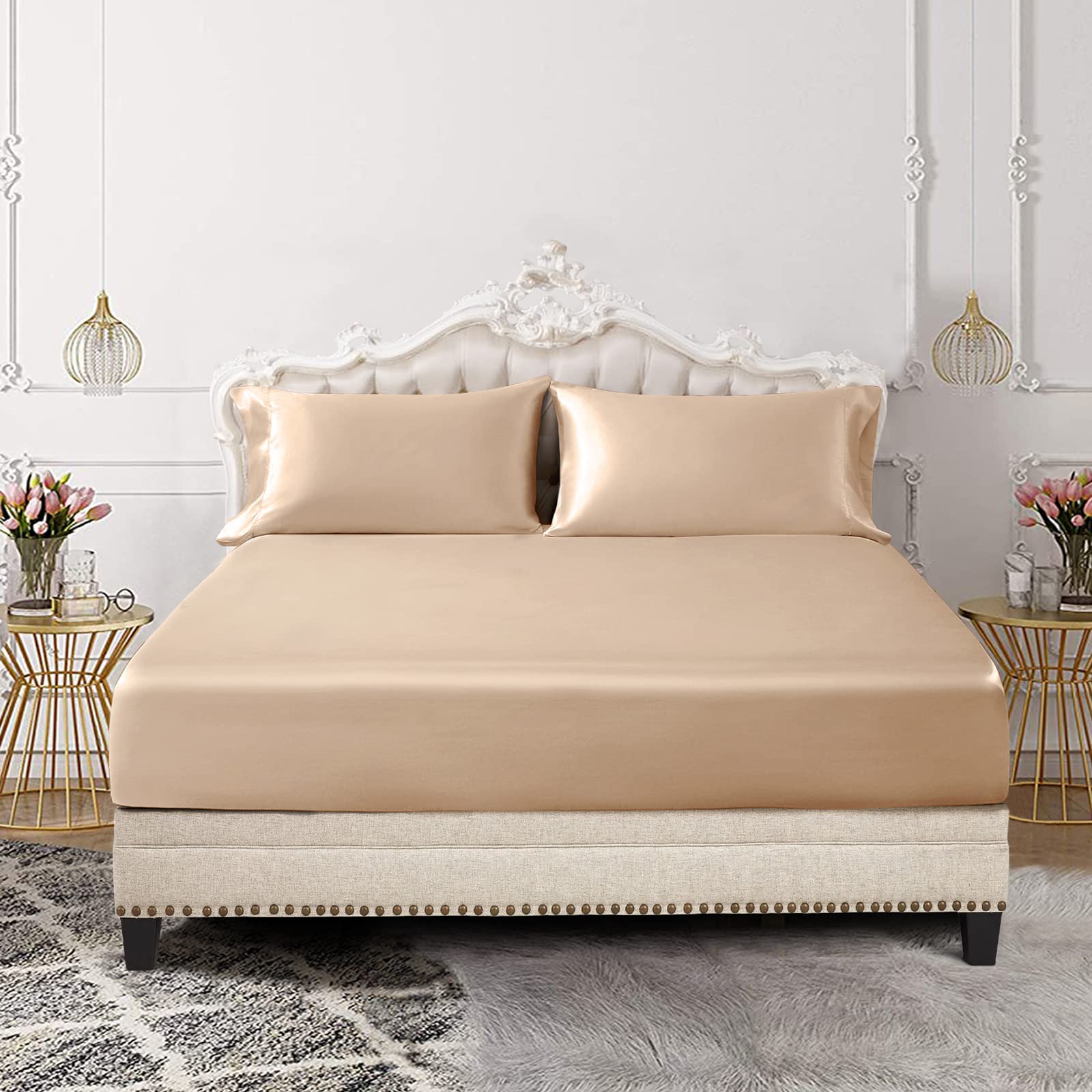 Siinvdabzx 3-Piece Set Satin Twin Fitted Sheet & 2 Pillowcase, Beige Silky Soft Fitted Bottom Sheet, Wrinkle Free, Fade Resistan