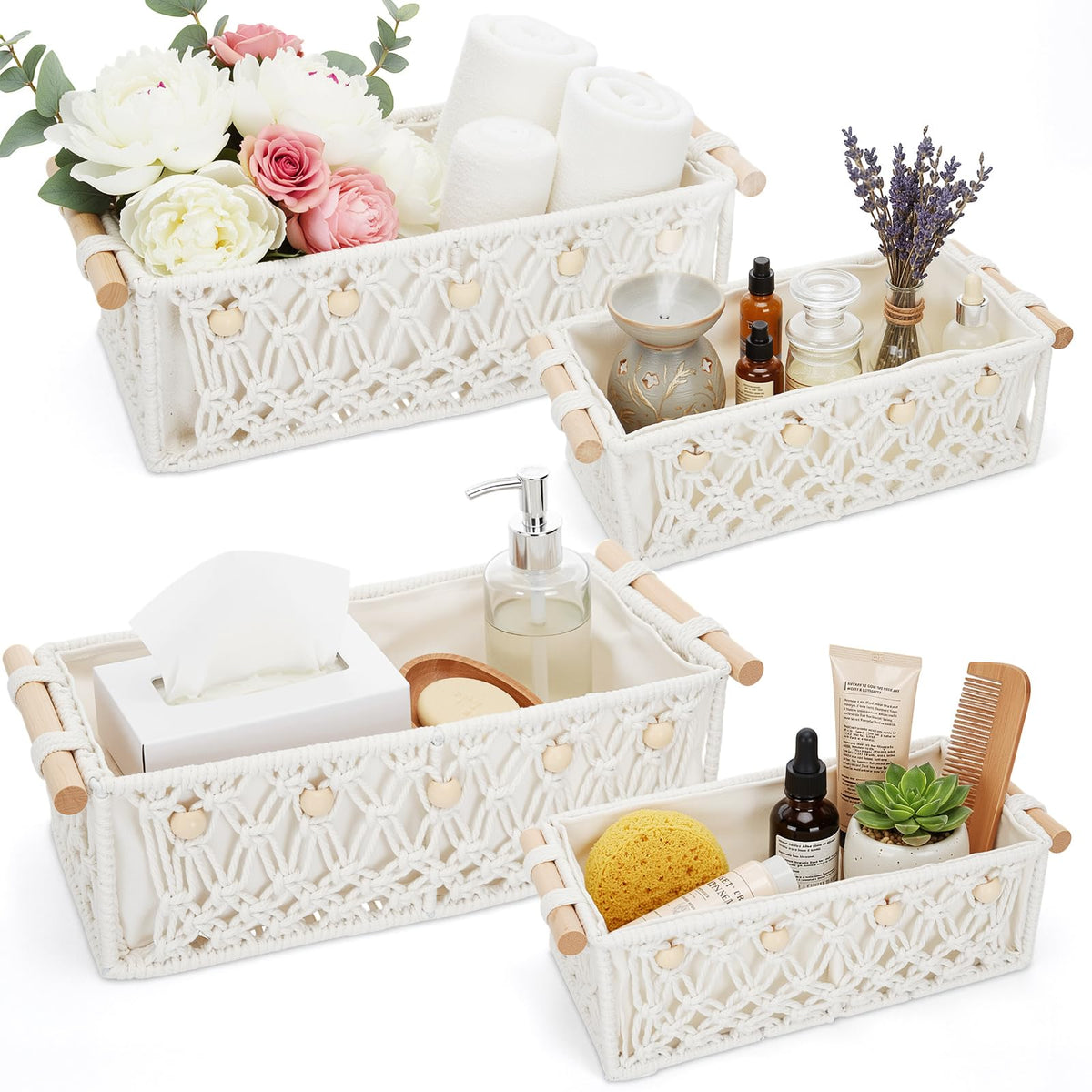 Vesici 4 Pcs Boho Macrame Baskets Shelves 13 11 White Wood Handles