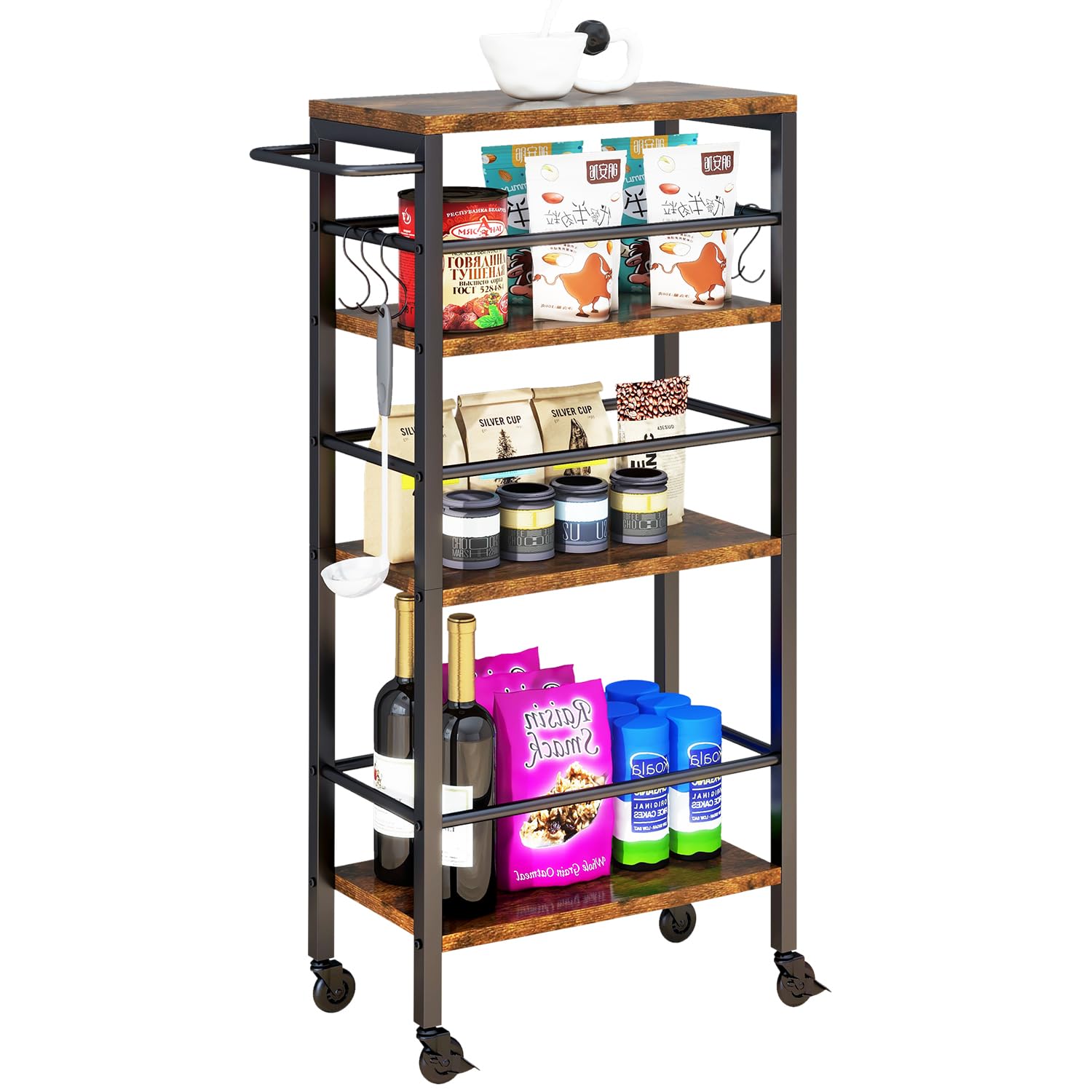 Ibuyke 7.8' Slim Rolling Cart,4-Tier Metal Kitchen Storage Cart,Trolley Cart On Wheels For Narrow Space,With Handle And Wooden