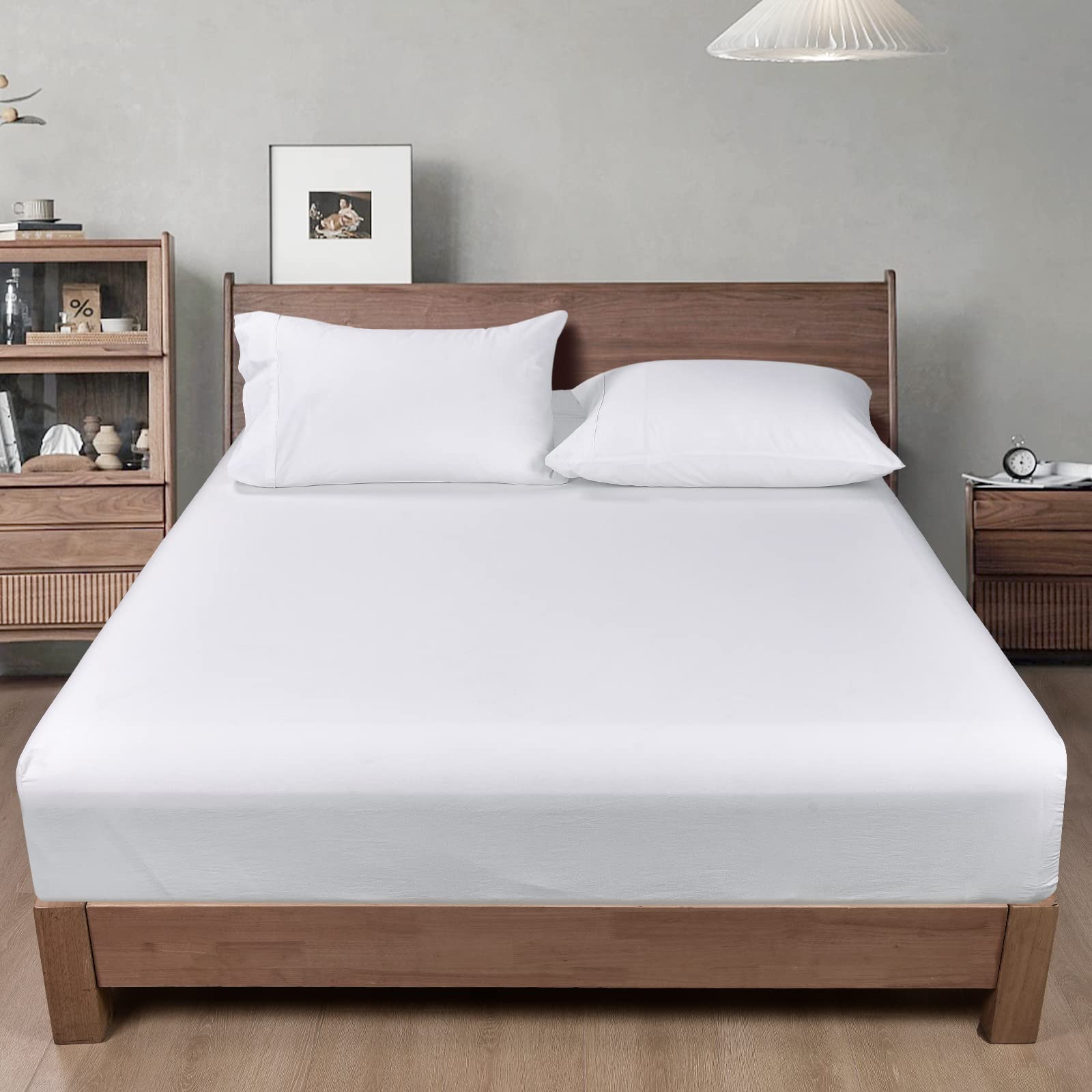 PHF 100% Garment Washed Cotton Fitted Sheet Twin Size - Cozy Cloud Soft Linen Like Bottom Sheet Only with Elastic Deep Pockets, 