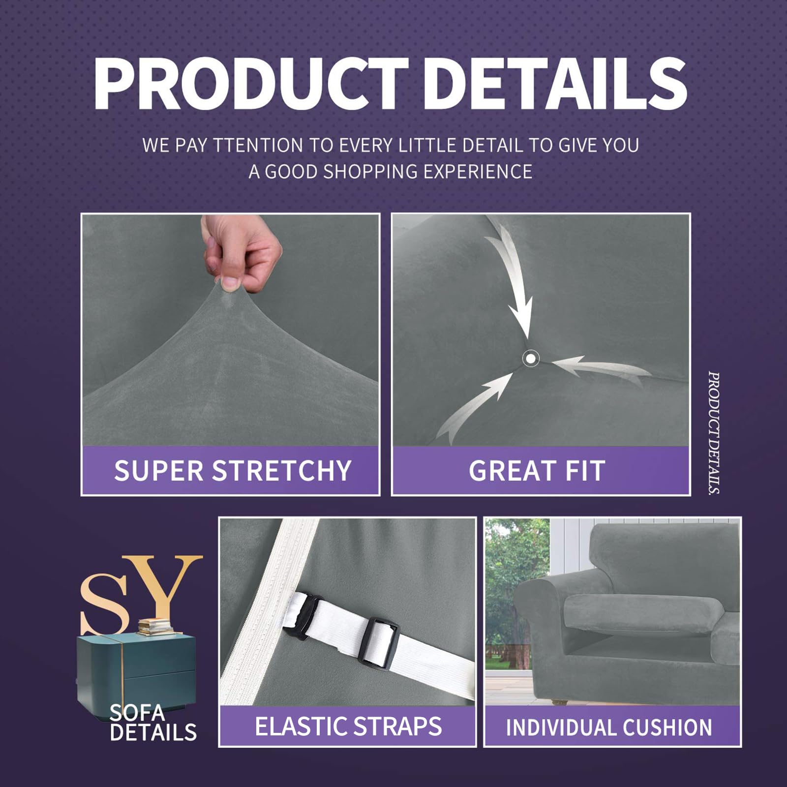 Znsayotx Luxury Velvet Couch Cover 4 Piece Stretch Sofa Covers For 3 Cushion Couch Thick Soft Spandex Sofa Slipcover Living Room Anti Slip Dogs Furniture Protector (Light Grey), 71'-91'(3 Cushions)