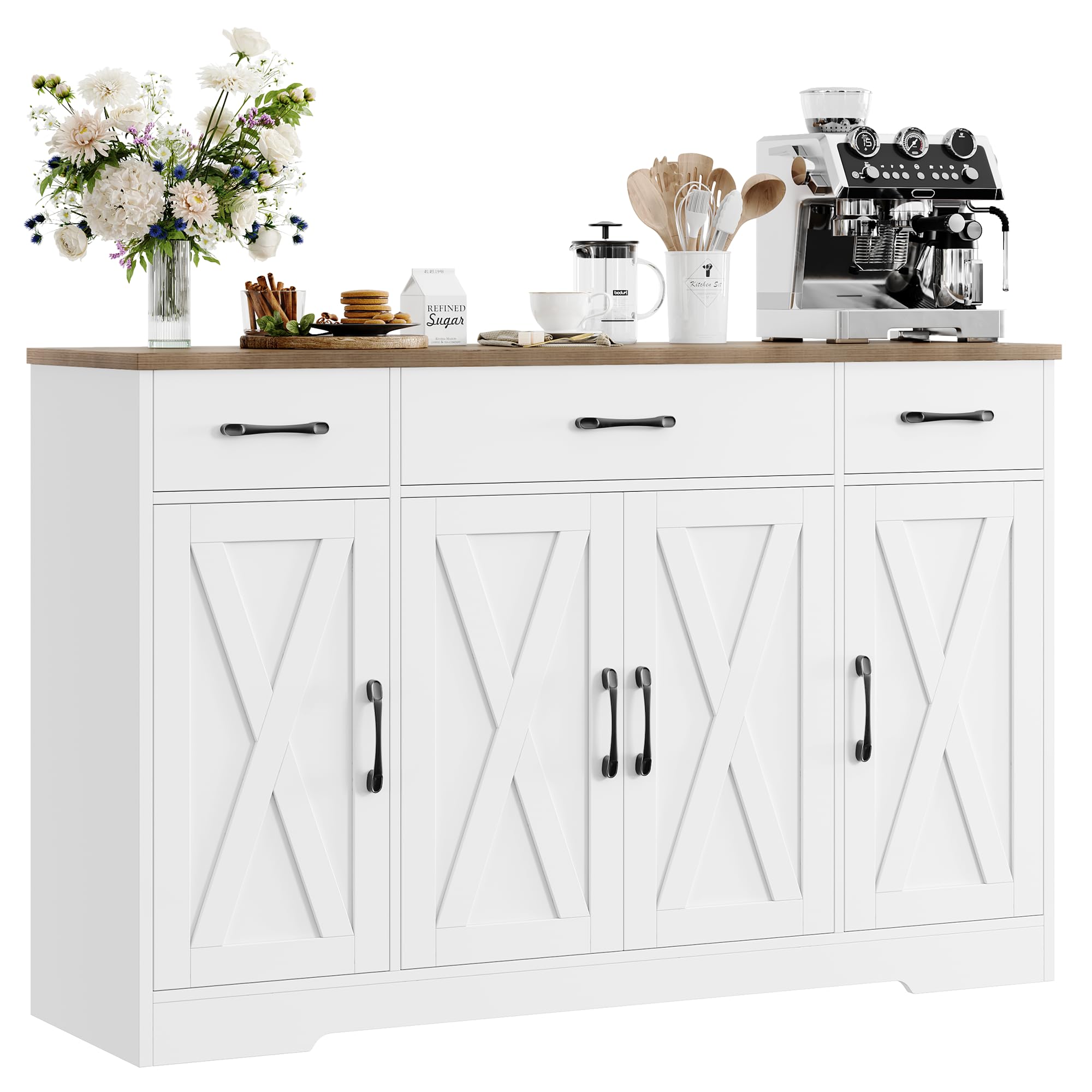 Hostack Buffet Cabinet With Drawers, 55' Large Sideboard Buffet Storage Cabinet With Shelves And Doors, Modern Farmhouse Coffee Bar Cabinet Wood Buffet Table For Kitchen, Dining Room, White/Rustic