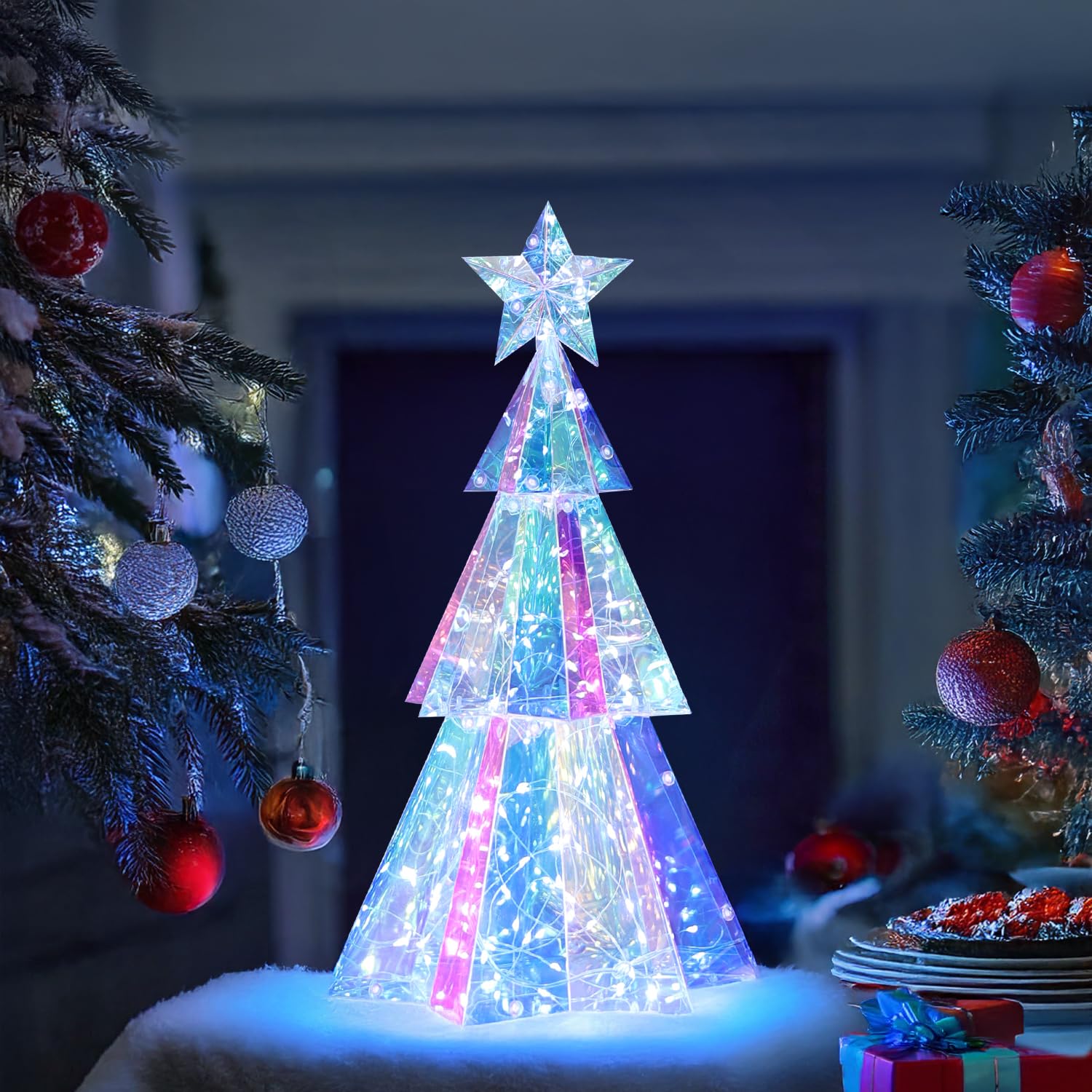 Prismatic Iridescent Christmas Tree, Desktop Christmas Tree with LED Lights, Colorful Glow Lights Prismatic Christmas Decoration