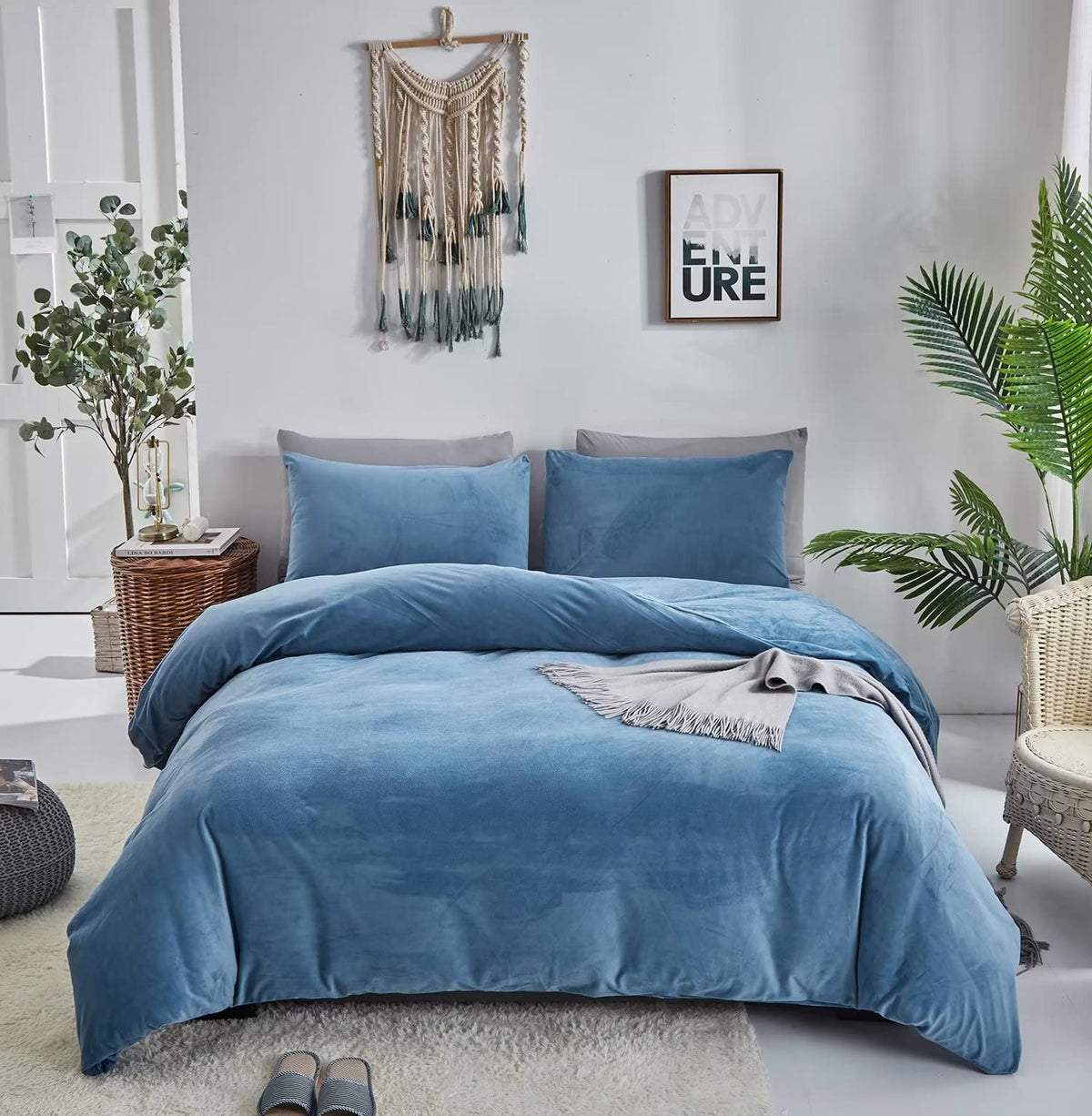 Houseri Velvet Blue Comforter Set California King Fluffy Dusty Blue Flannel Bedding Sets Puffy Lake Blue Cal King Comforter Sets