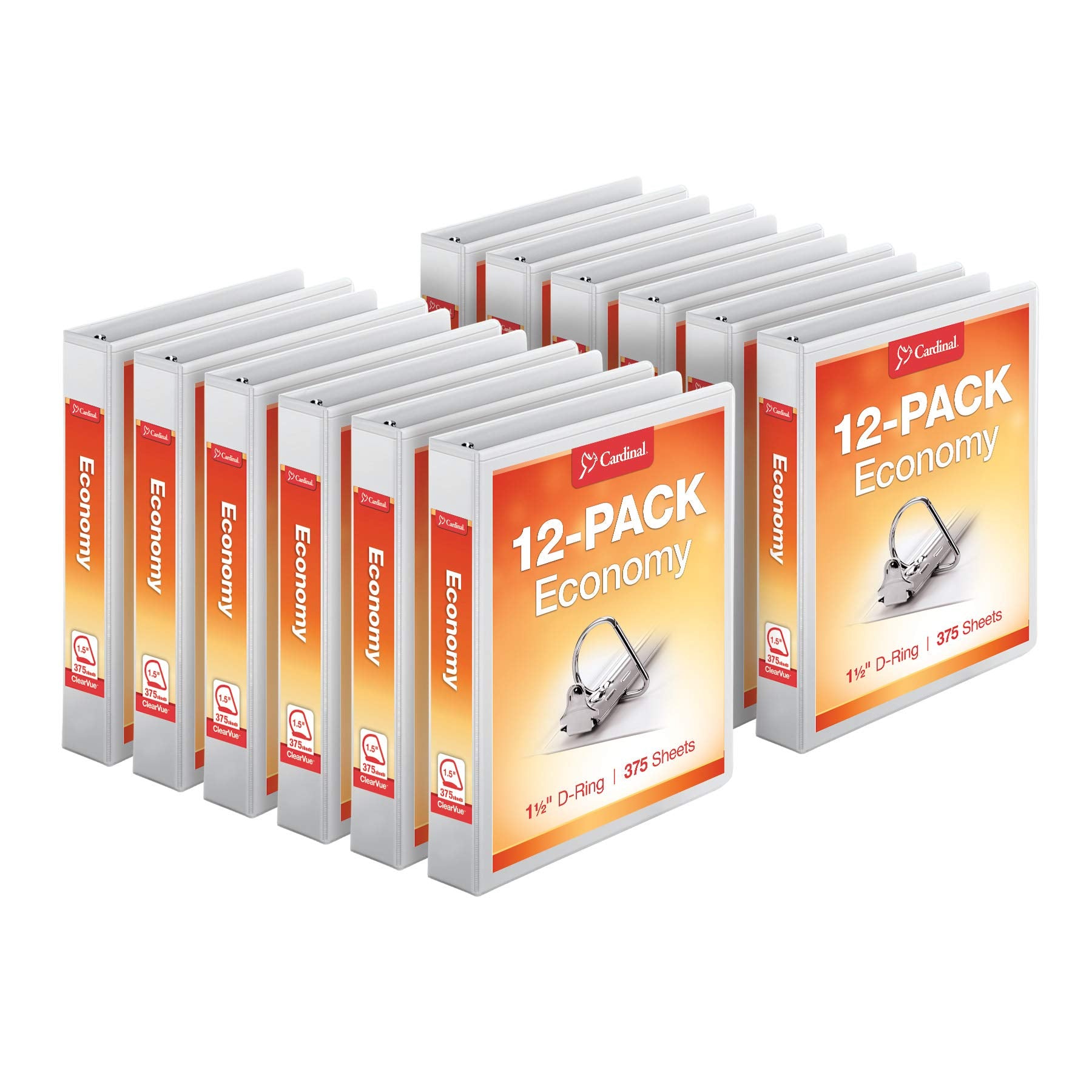 Cardinal Economy 3-Ring Binders, 1.5 ', Slant-D Rings, Holds 375 Sheets, Clearvue Presentation View, Non-Stick, White, Case Of
