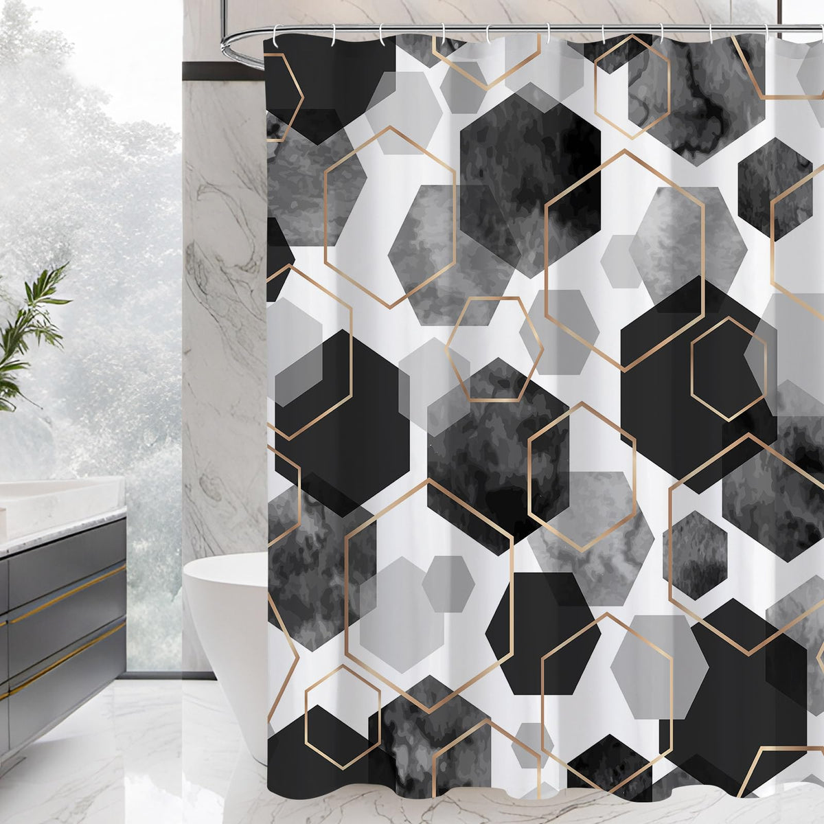 Litabel Black And Grey Modern Shower Curtain For Bathroom, Geometric Art Decor Waterproof Bath Curtain, Abstract Fabric Shower C