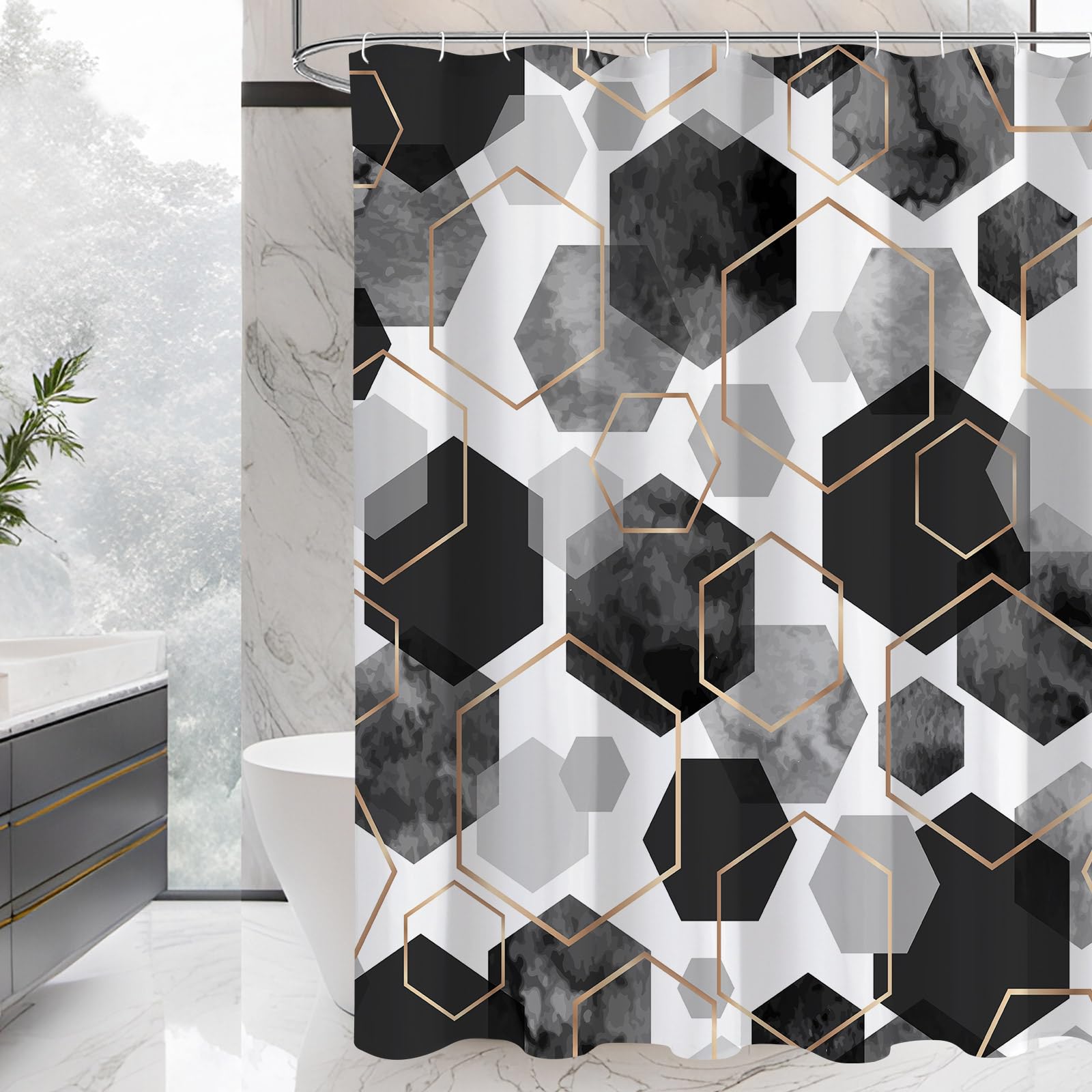 Litabel Black And Grey Modern Shower Curtain For Bathroom, Geometric Art Decor Waterproof Bath Curtain, Abstract Fabric Shower C
