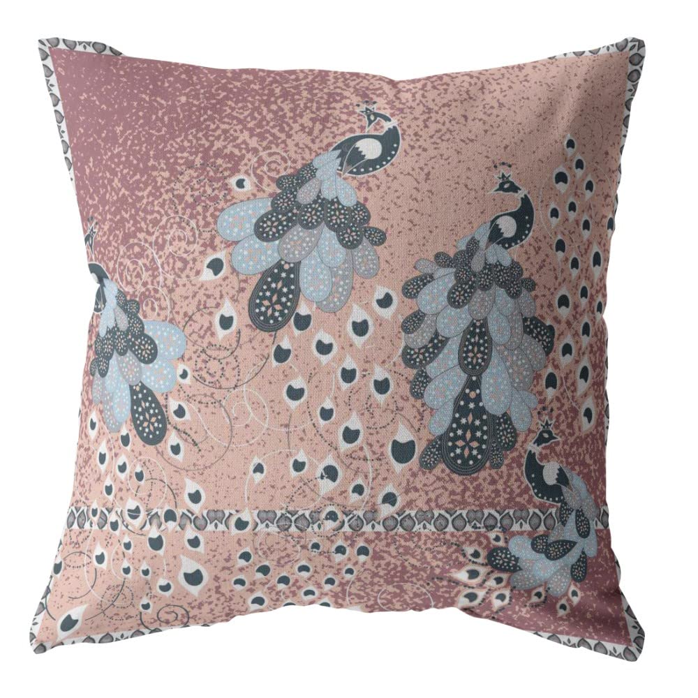 HomeRoots Blue On Muted Magenta Broadcloth 28â€ Dusty Pink Boho Bird Indoor Outdoor Throw Pillow