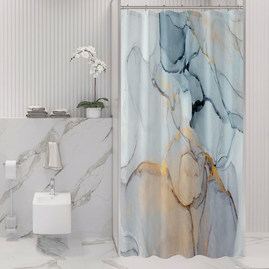 Gibelle Small Stall Shower Curtain 36 x 72, Narrow Half Abstract Grey Blue Marble Shower Curtain, Modern Ink Art Waterproof Fabr