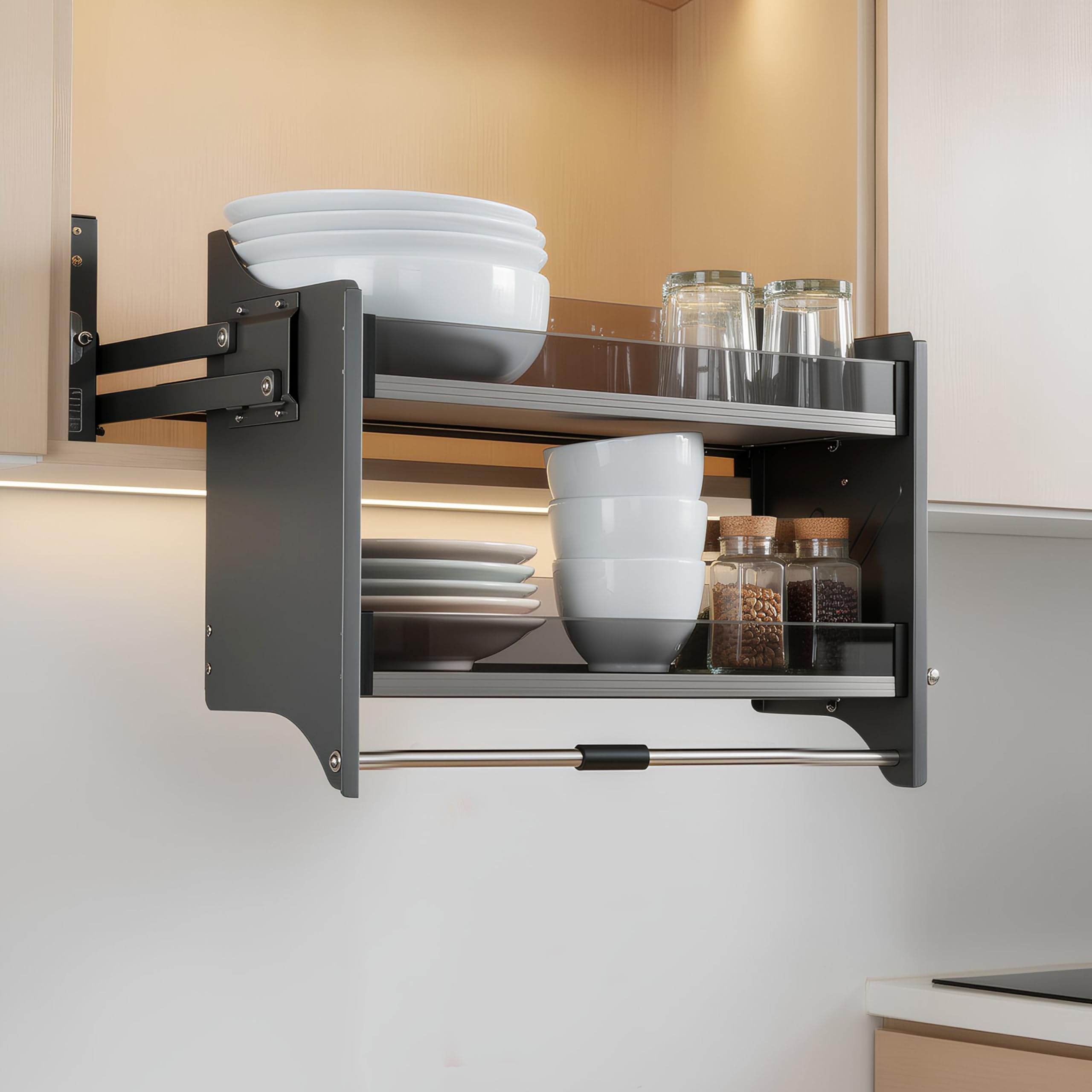 Plantex Pull Down Kitchen Cabinet Organizer/2Tier Storage Lift Basket With Glass Finish/SpaceSaving Overhead Kitchen Storage R