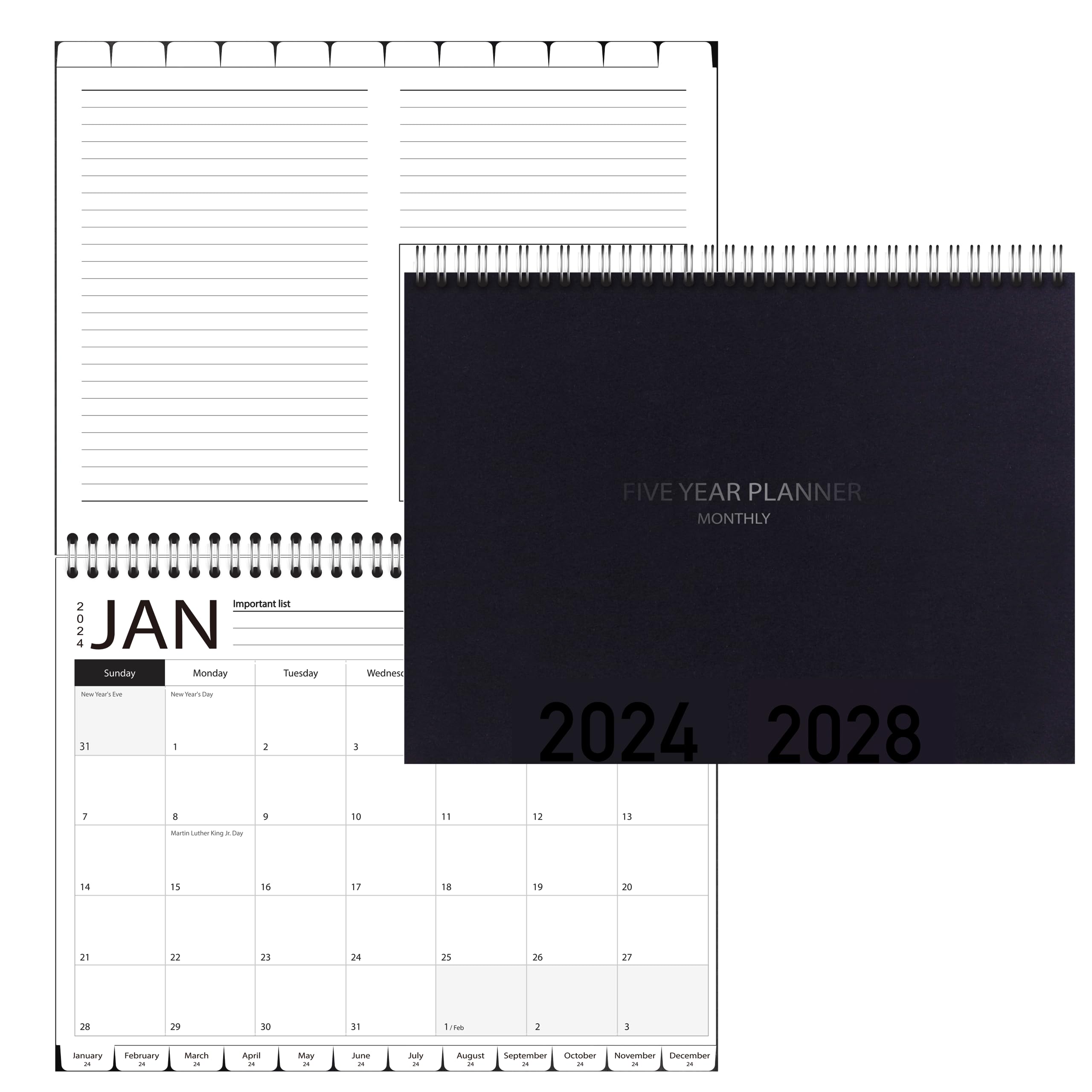 5-Year Calendar Planner, 2024-2028 Monthly Schedule Organizer Flip Calendar Diary With Tabs, Spiral Bound Top, Black, 8     Wide