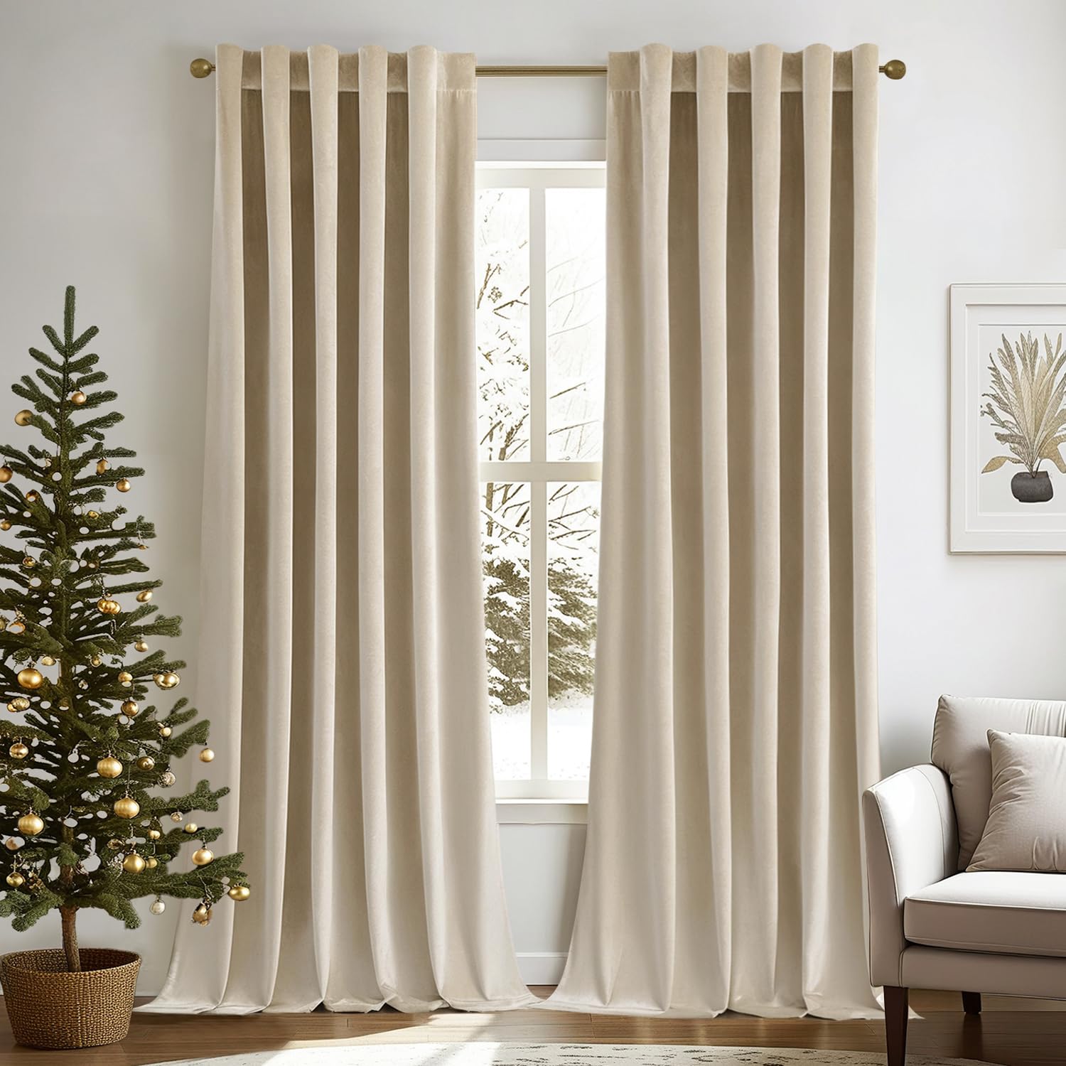 Miulee Velvet Curtains 108 Inches - Luxury Blackout Curtains For Bedroom Living Room Thermal Insulated Super Soft Window Drapes Rod Pocket & Back Tab, Beige, W52 X L108 Inches, 2 Panels