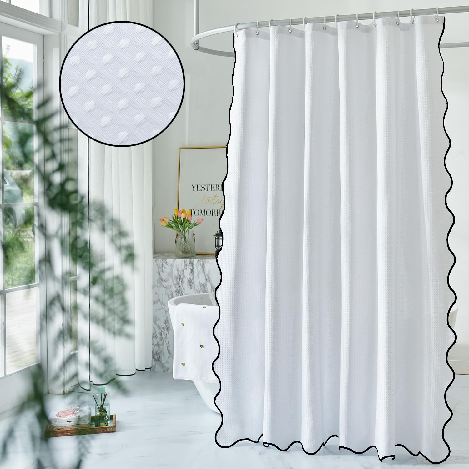 Youngseahome Waffle Weave 230Gsm Heavy Duty Fabric With Black Scalloped Border Shower Curtain,Boho Chic Cloth Shower Curtain For Bathroom Showers,72 X 72 Inches