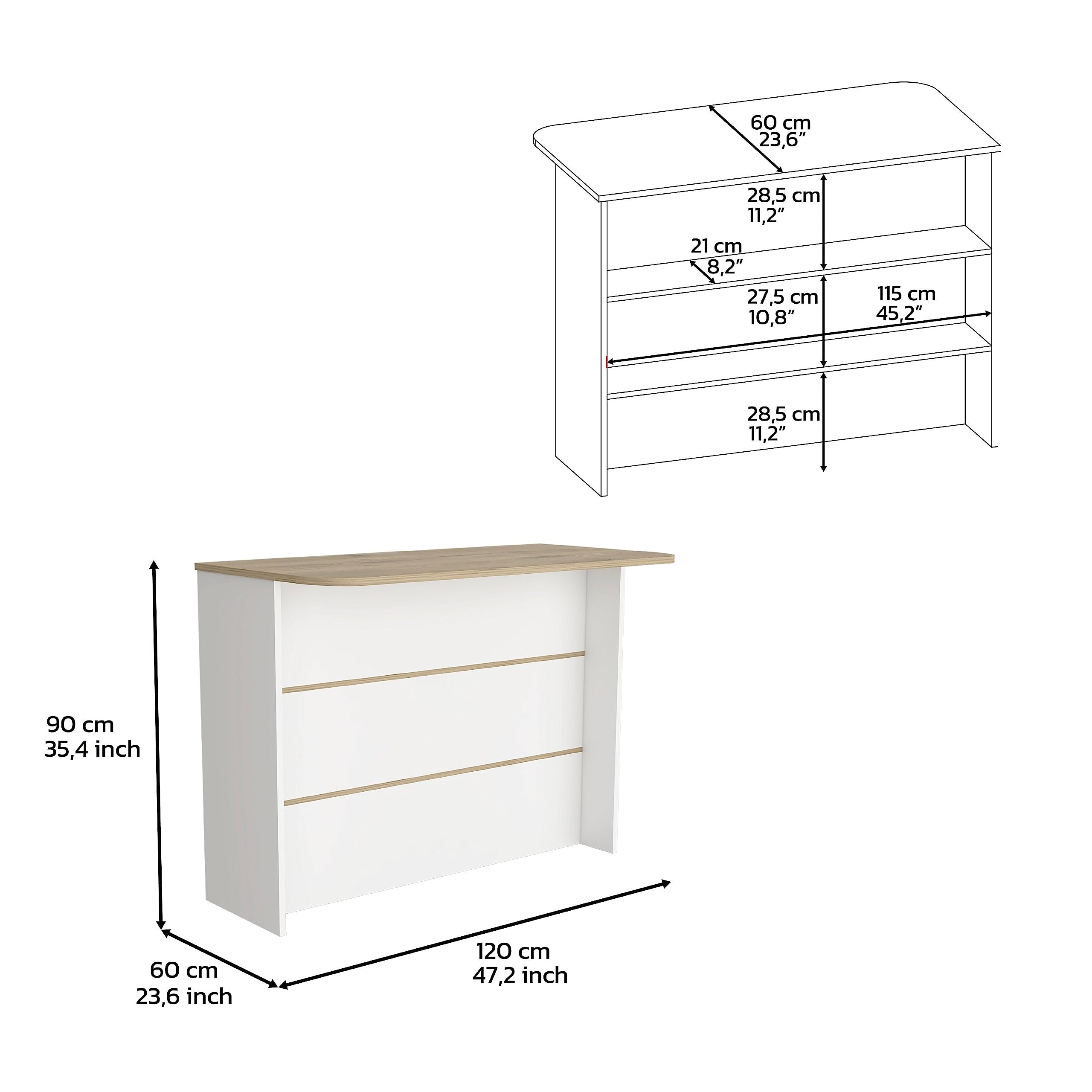 DEPOT E-SHOP Britton Kitchen Island with 2-Tier Storage Shelf and Ample Workstation, White/Light Pine