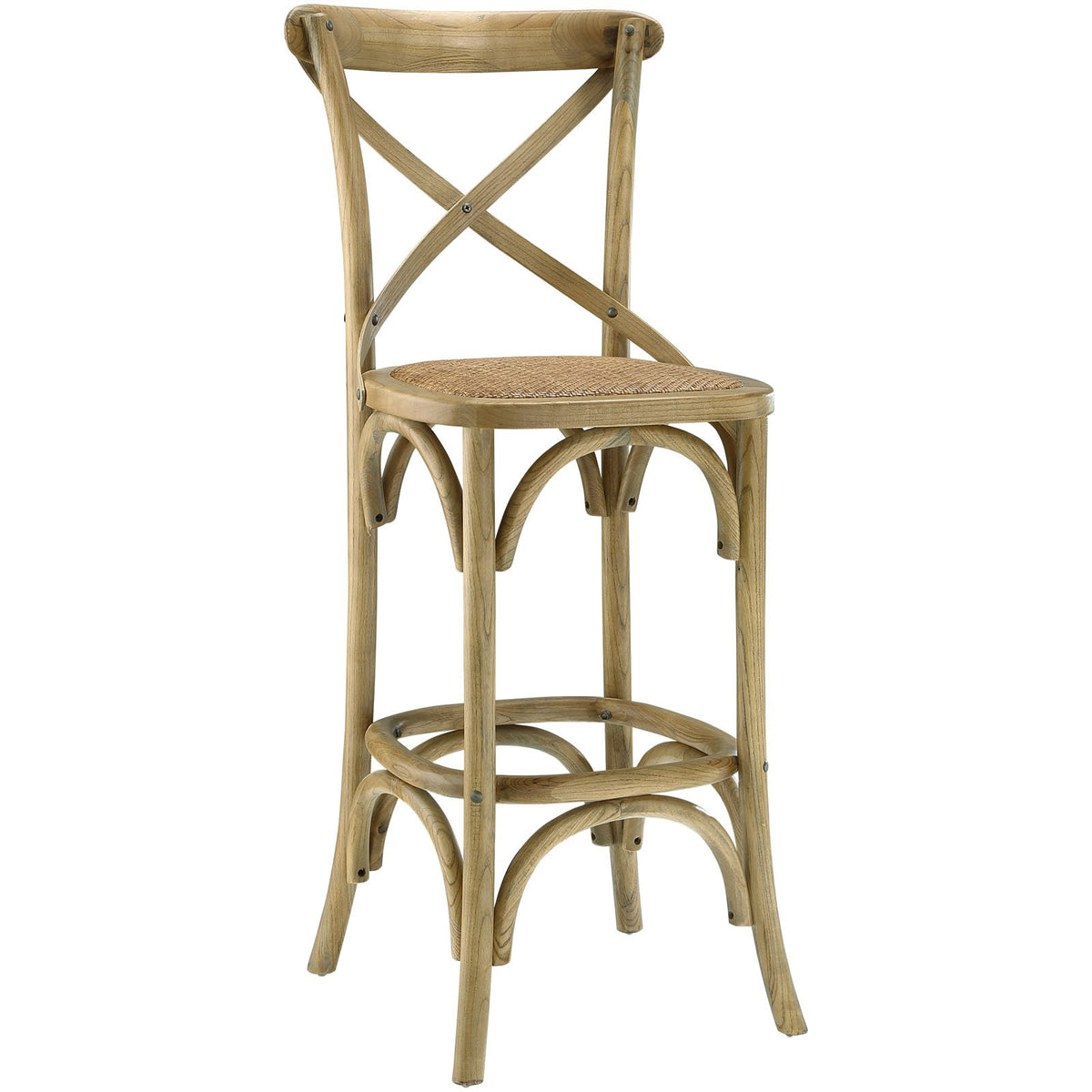 Modway Gear Rustic Farmhouse Elm Wood Rattan Bar Stool In Gray - Fully Assembled