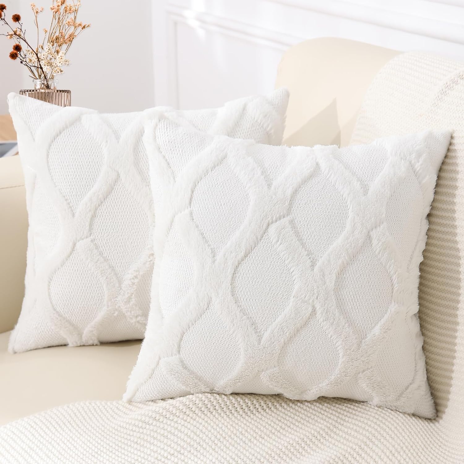 Decoruhome Spring Throw Pillow Covers 18X18 Inch Set Of 2, Soft Plush Faux Fur Wool Cream White Couch Pillow Covers, Decorative Pillow Cases For Bed Sofa Living Room Home Decor