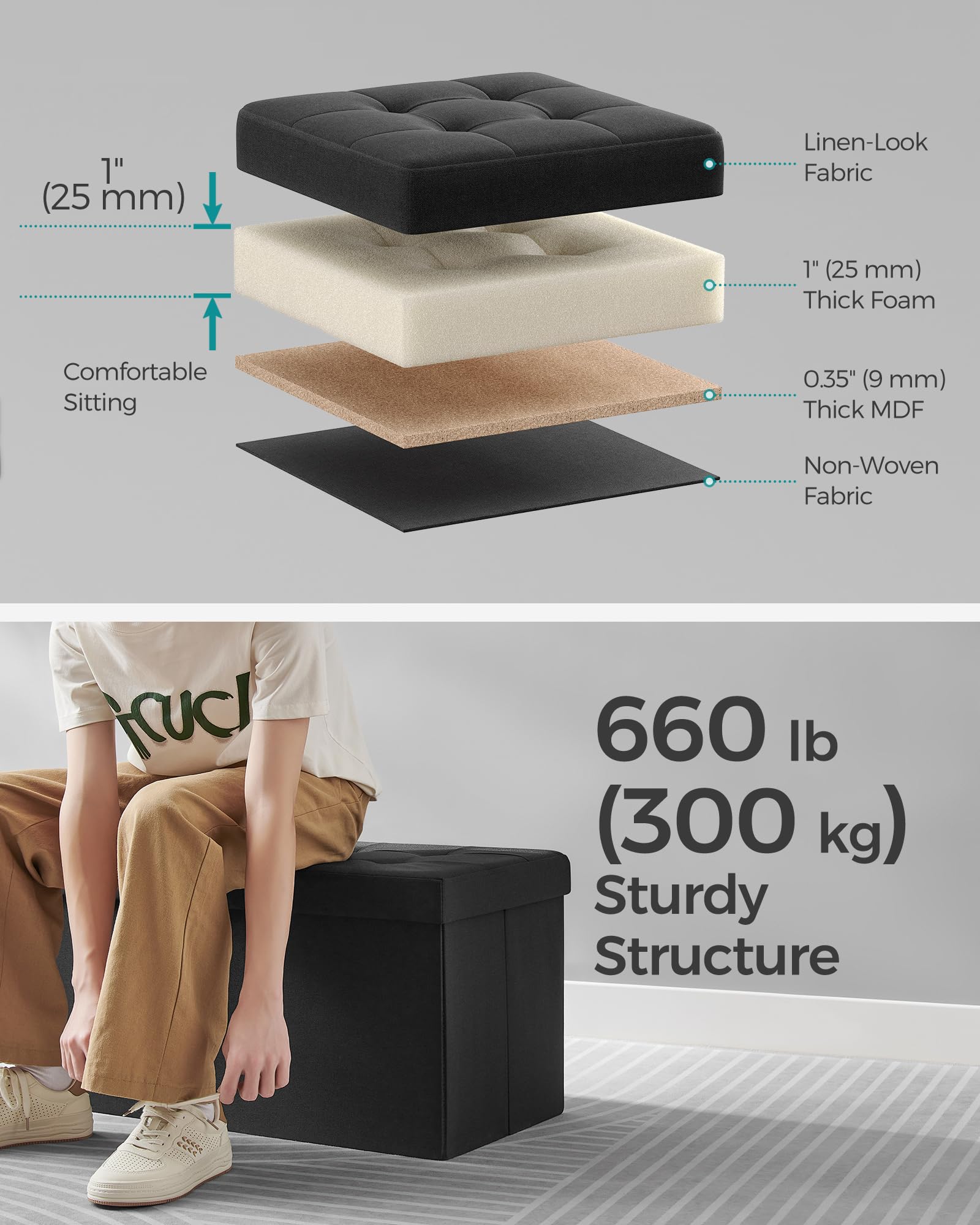 Songmics Mazie Collection - 30 Inches Storage Ottoman, Foldable Storage Bench With Flipping Lid, 660 Lb Load Capacity, For Entryway, Living Room, Bedroom, Ink Black Ulsf046B01