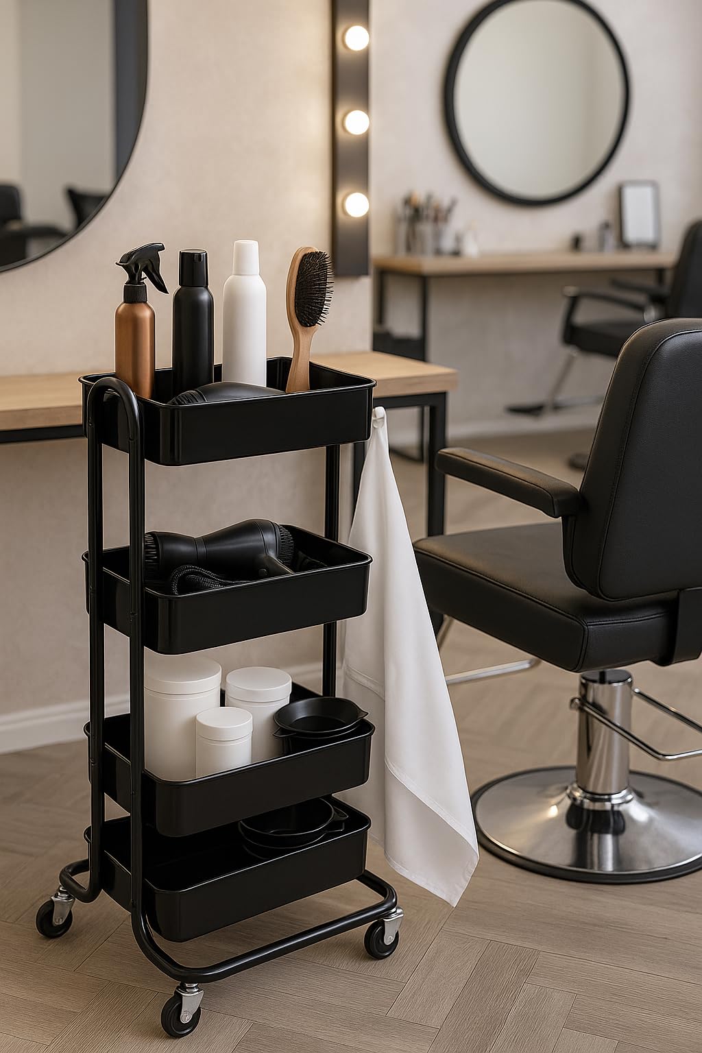 3-Tier Rolling Storage Cart with Baskets, Dividers & Locking Casters, Black Metal