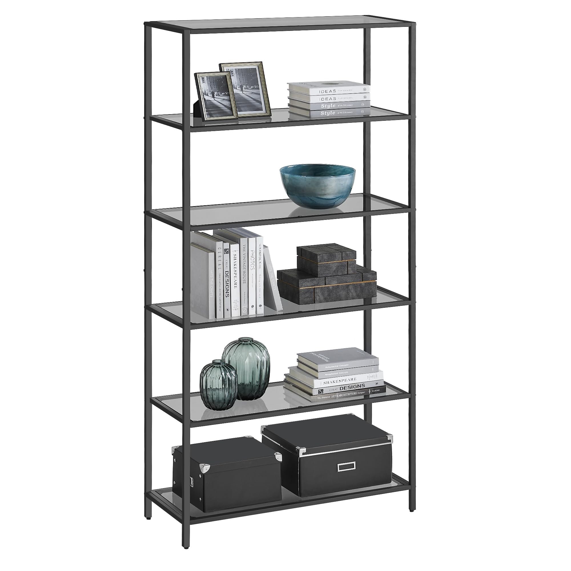 Vasagle Bookcase, 6-Tier Bookshelf, Slim Shelving Unit For Bedroom, Bathroom, Home Office, Tempered Glass, Steel Frame, Ink Black And Slate Gray Ulgt503G01