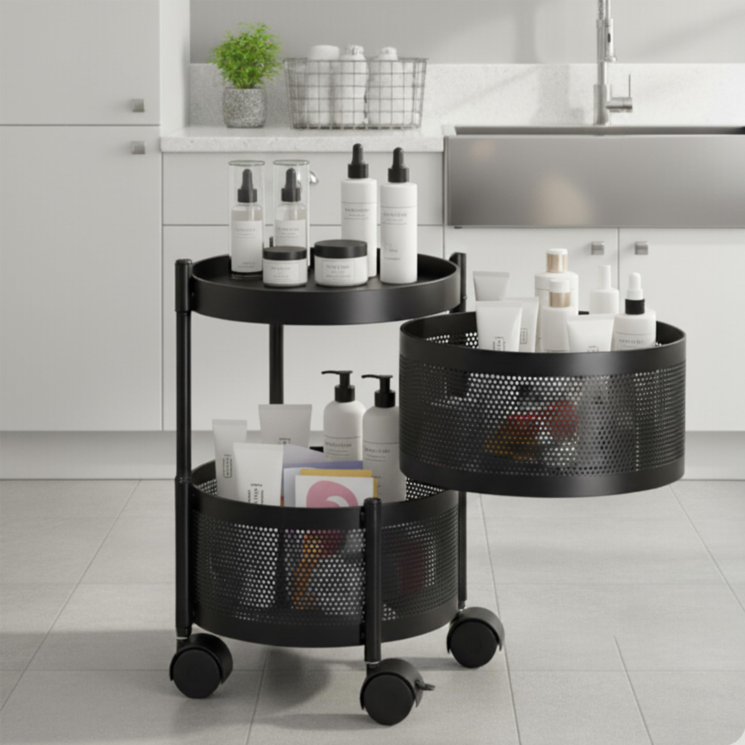 Havai 2Tier Round Rolling Kitchen Storage Rack | 360 Rotating Organizer | Metal Utility Shelf For Vegetables, Fruits & Pantry |