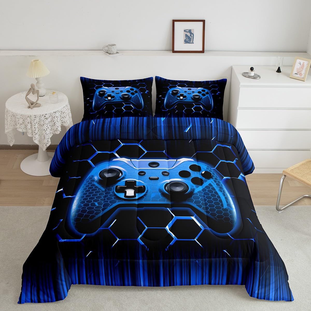 Manfei Honeycomb Gamepad Comforter Set Full Size, Blue Geometric Reversible Bedding Set 3Pcs For Kids Boy Game Room Decor, Moder