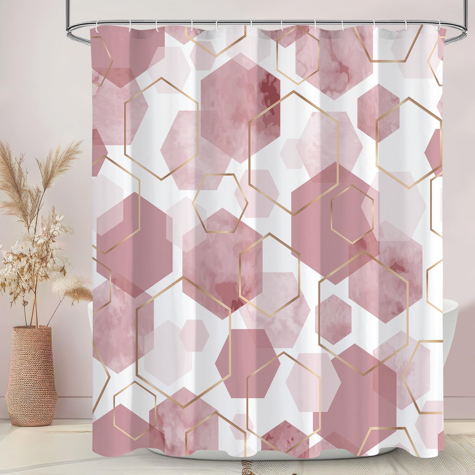 Litabel Modern Long Shower Curtain For Bathroom, Pink Geometric Art Decor Waterproof Bath Curtain, Abstract Fabric Shower Curtai