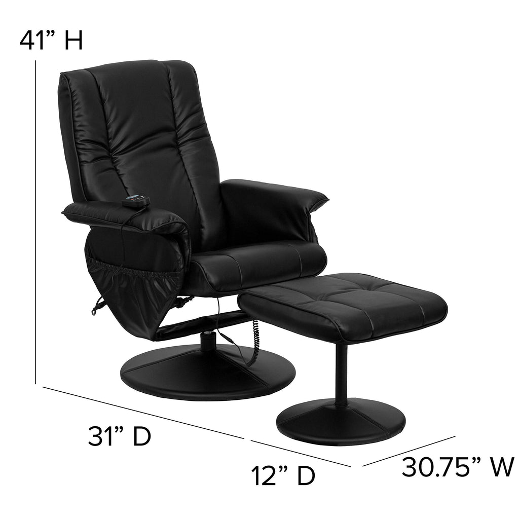 Flash Furniture Hall Massaging Heat Controlled Adjustable Recliner and Ottoman with Wrapped Base in Black LeatherSoft