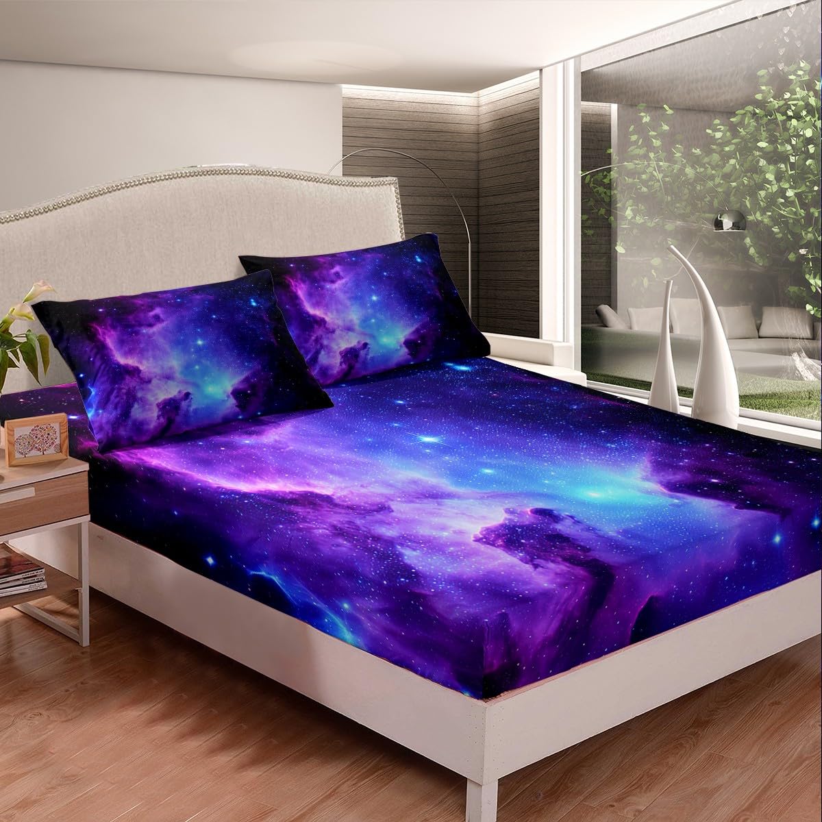 Galaxy Bedding Set Kids Girls Full Bed Sheets Outer Space Universe Starry Sky Sheet Set Teens Women Ultra Soft Purple Stars Decor Deep Pocket Fitted Sheet+ Flat Sheet + Pillow Case