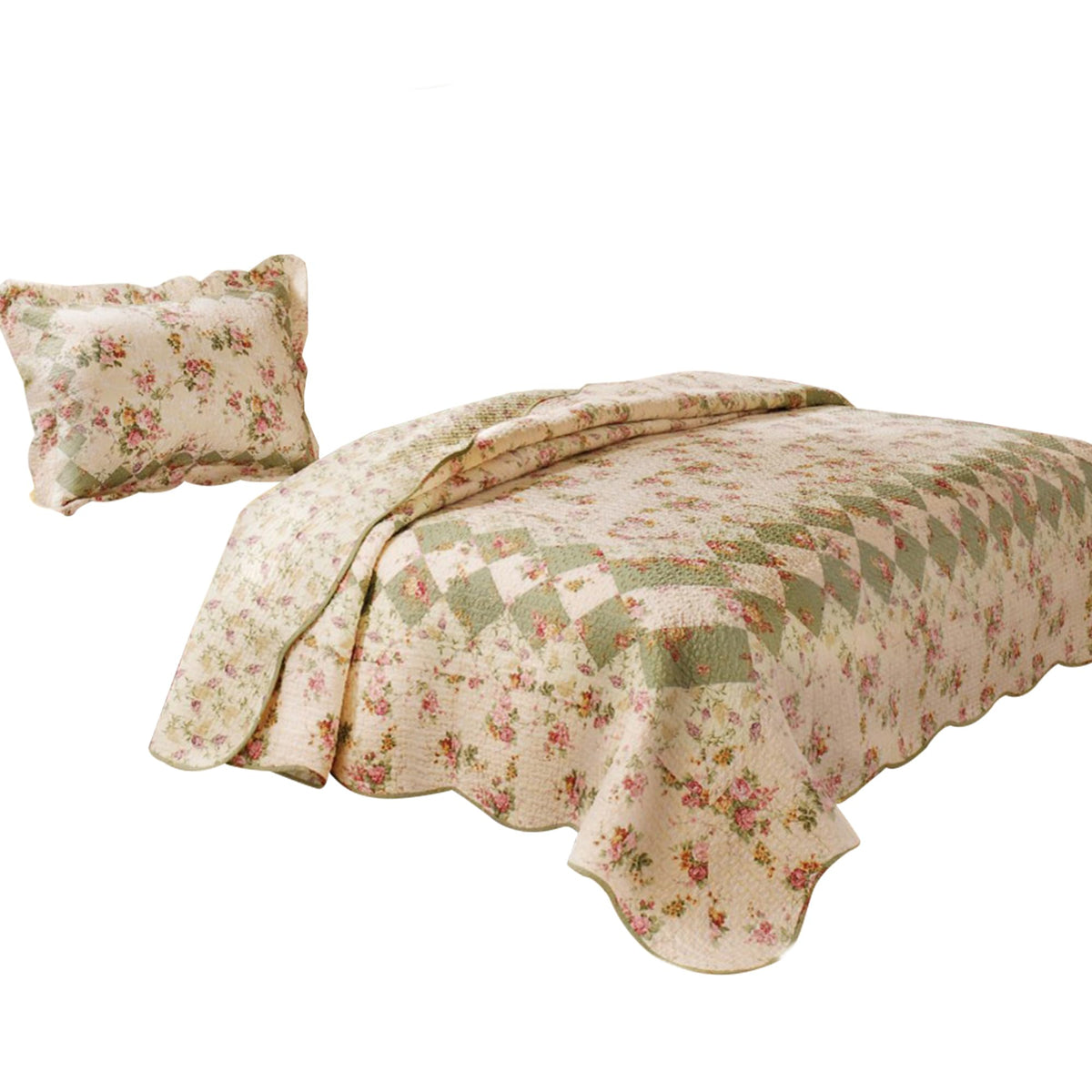 Benjara Denali 2 Piece Fabric Twin Size Quilt Set With Floral Prints, Multicolor