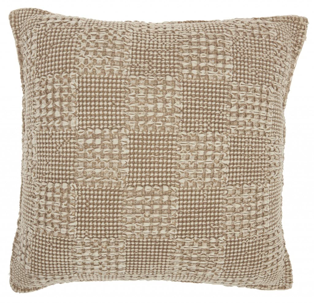 HomeRoots 100% Cotton Beige Textured Squares Throw Pillow