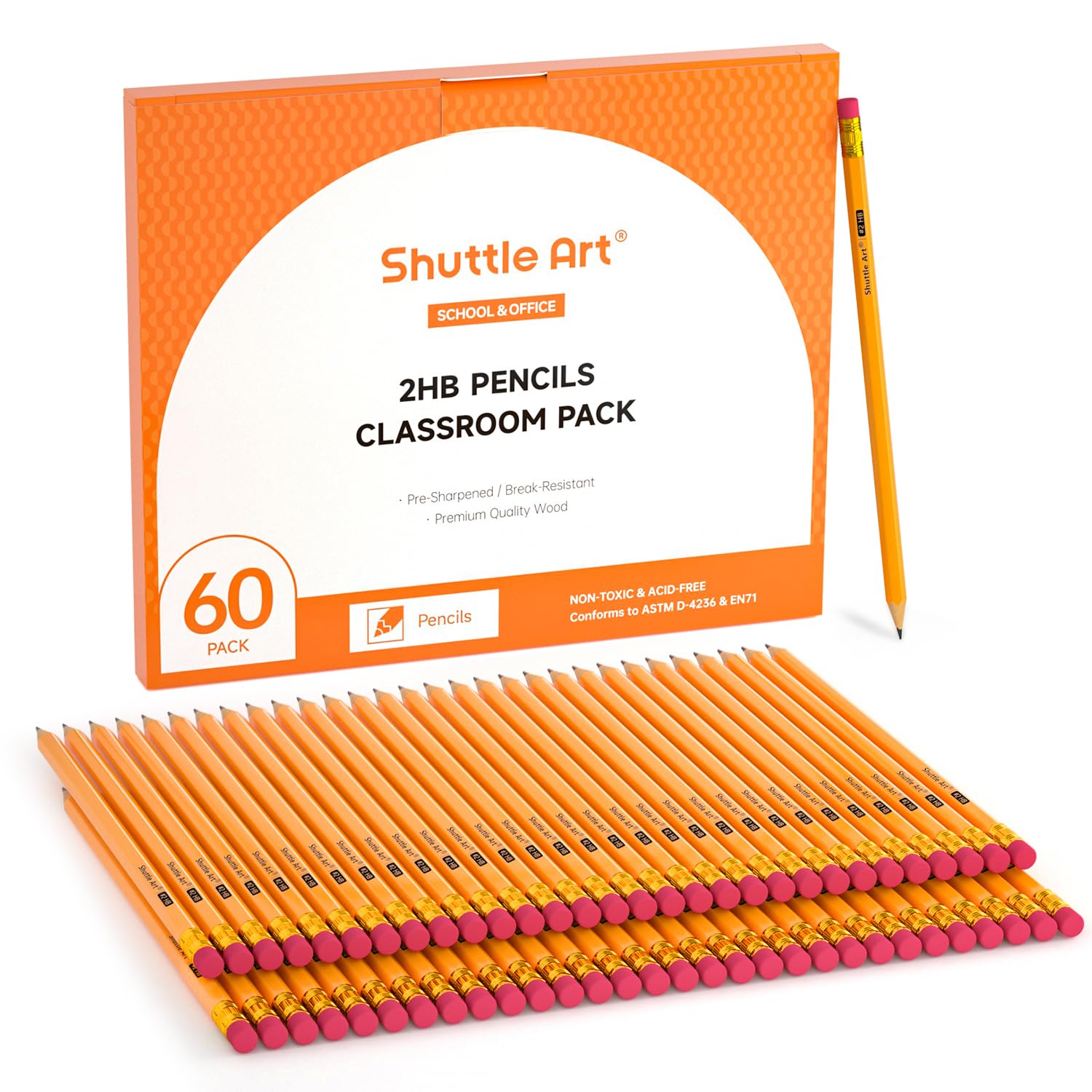 Shuttle Art 60 Pack Pencils, #2 Hb, Pre-Sharpened Pencils With Top Erasers, Premium Woodcased Yellow Pencils Bulk For Classroom