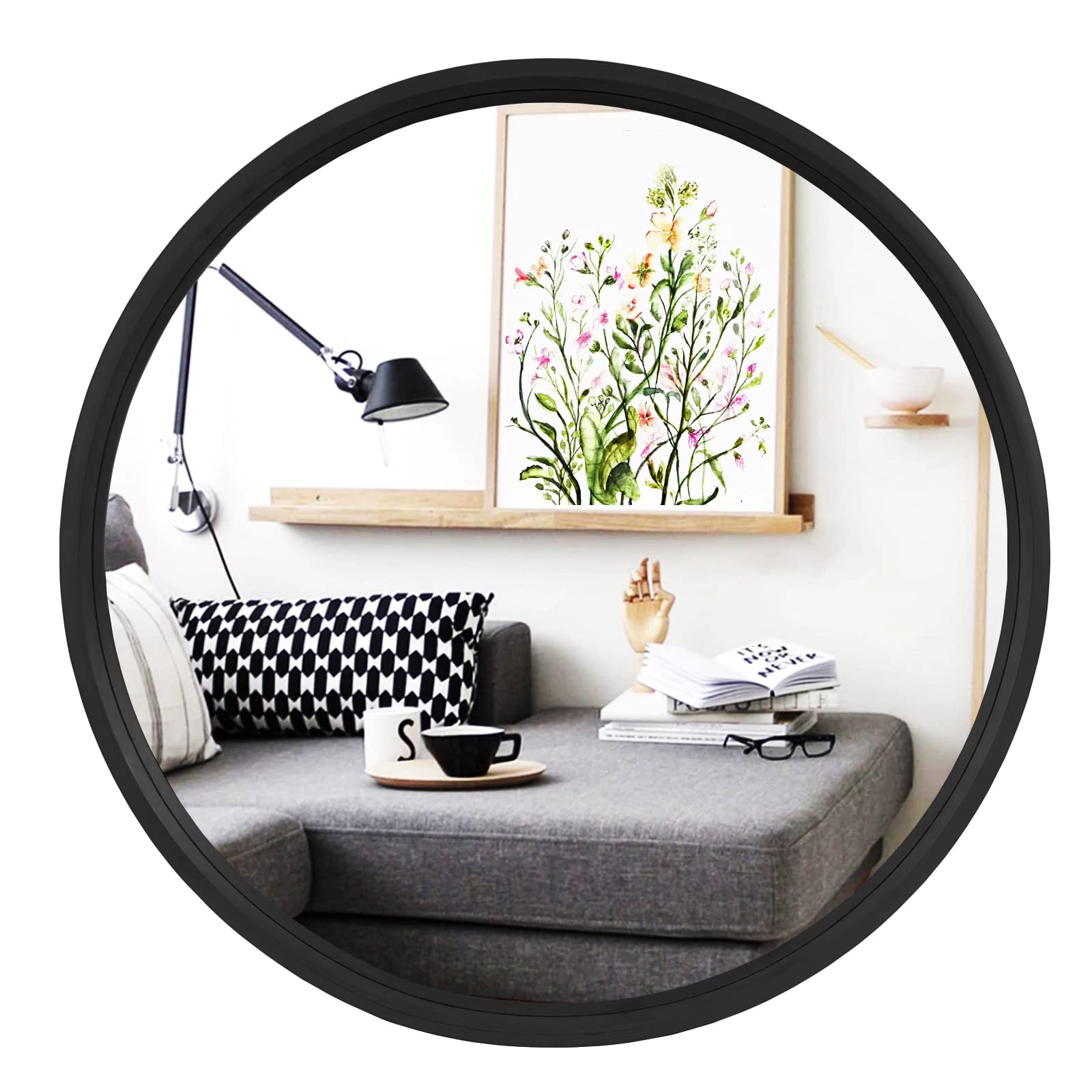 WallBeyond Black Round Mirror Wood Framed 28 inch Circle Wall Mirror for Bathroom Round Wall Mirror for Wall Decor, Vanity, Entr