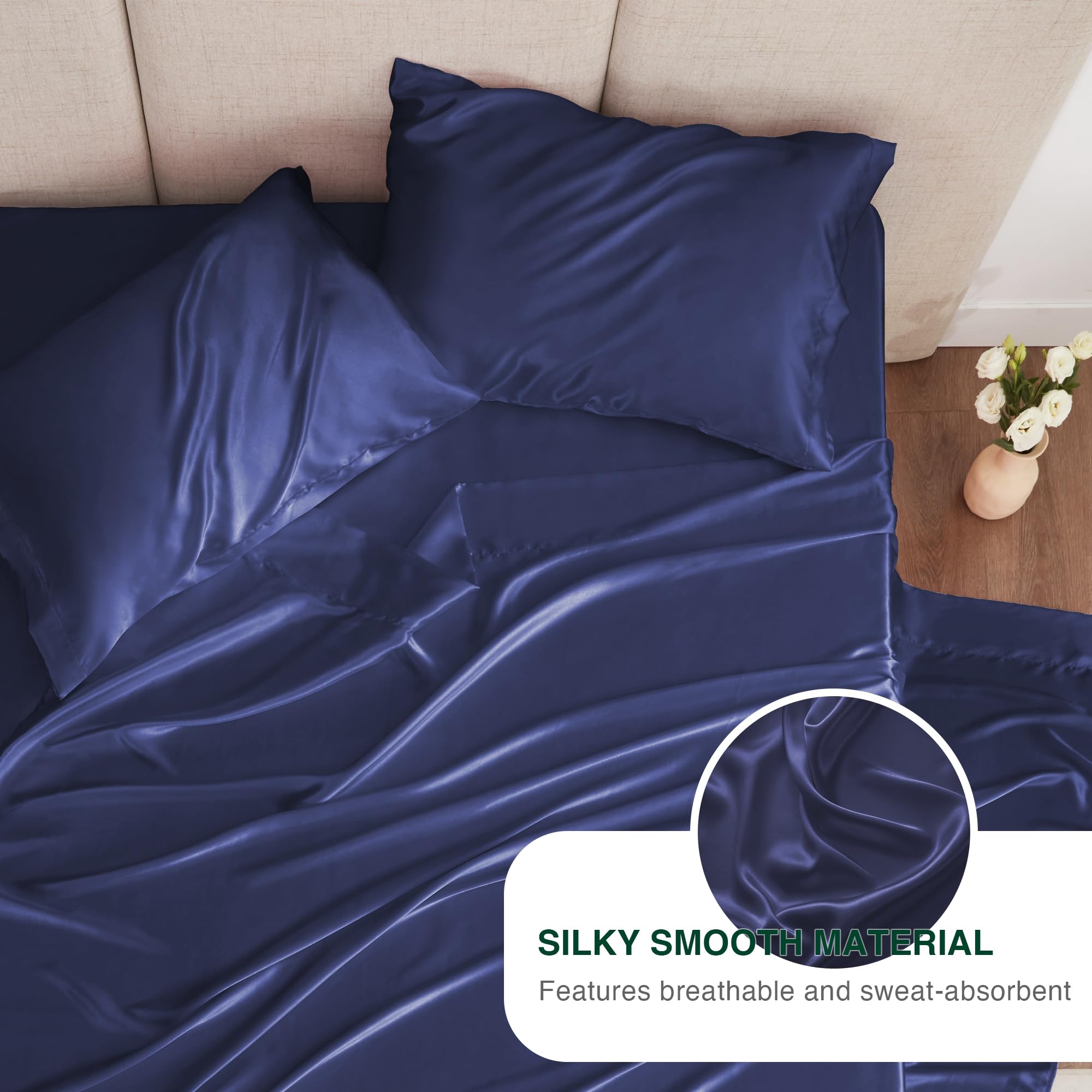 Love'S Cabin Twin Satin Sheet Sets - 3 Piece Navy Blue Silky Satin Bed Sheets Twin With Deep Pockets, Luxury Silk Feel Satin Twin Size Sheet Set Bedding Set (1 Flat Sheet,1 Fitted Sheet,1 Pillow Case)