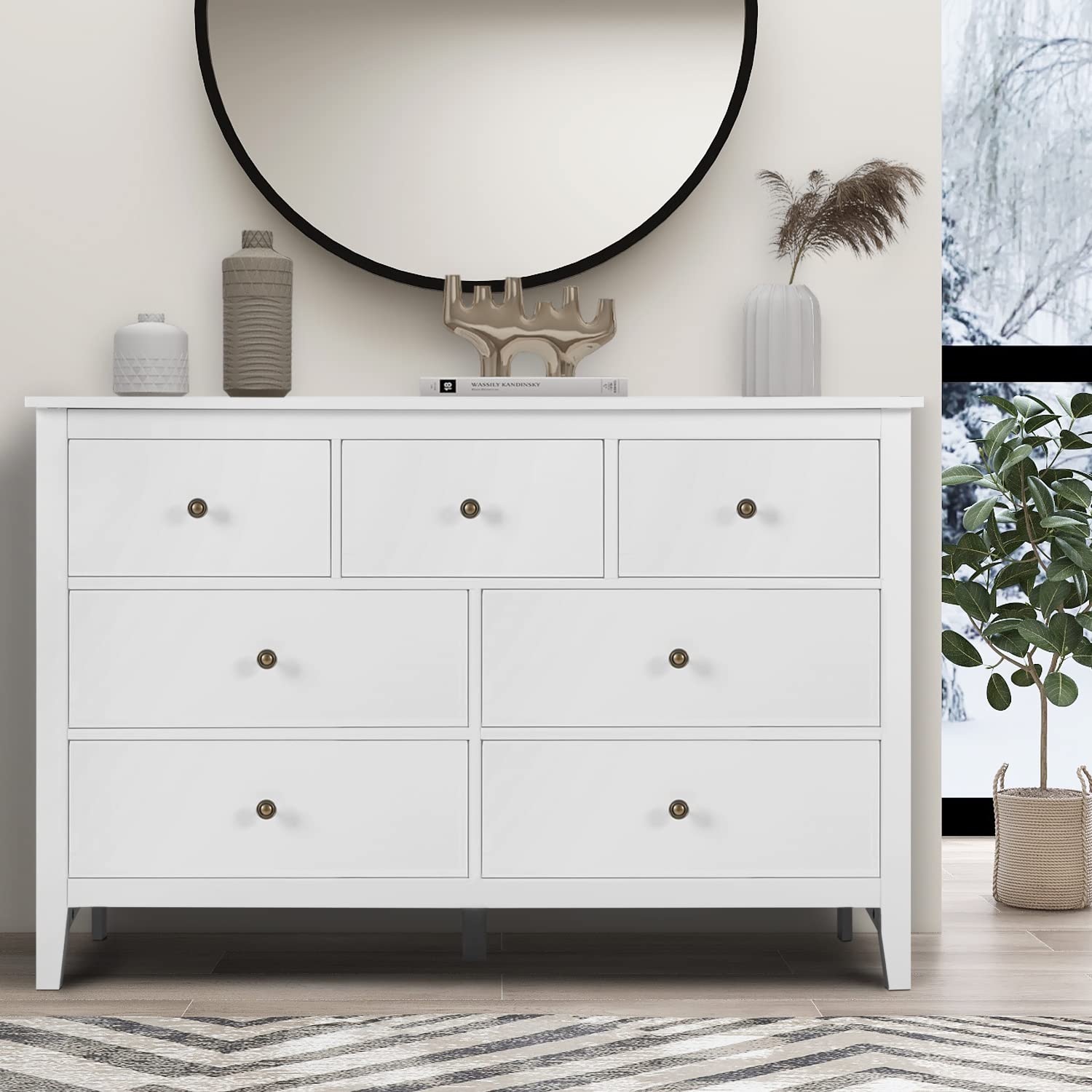 Vikiullf White Dresser - 47 in Modern Dresser for Bedroom, Wooden 7 Drawer Dresser, Storage Cabinet for Bedroom, Living Room, Ha
