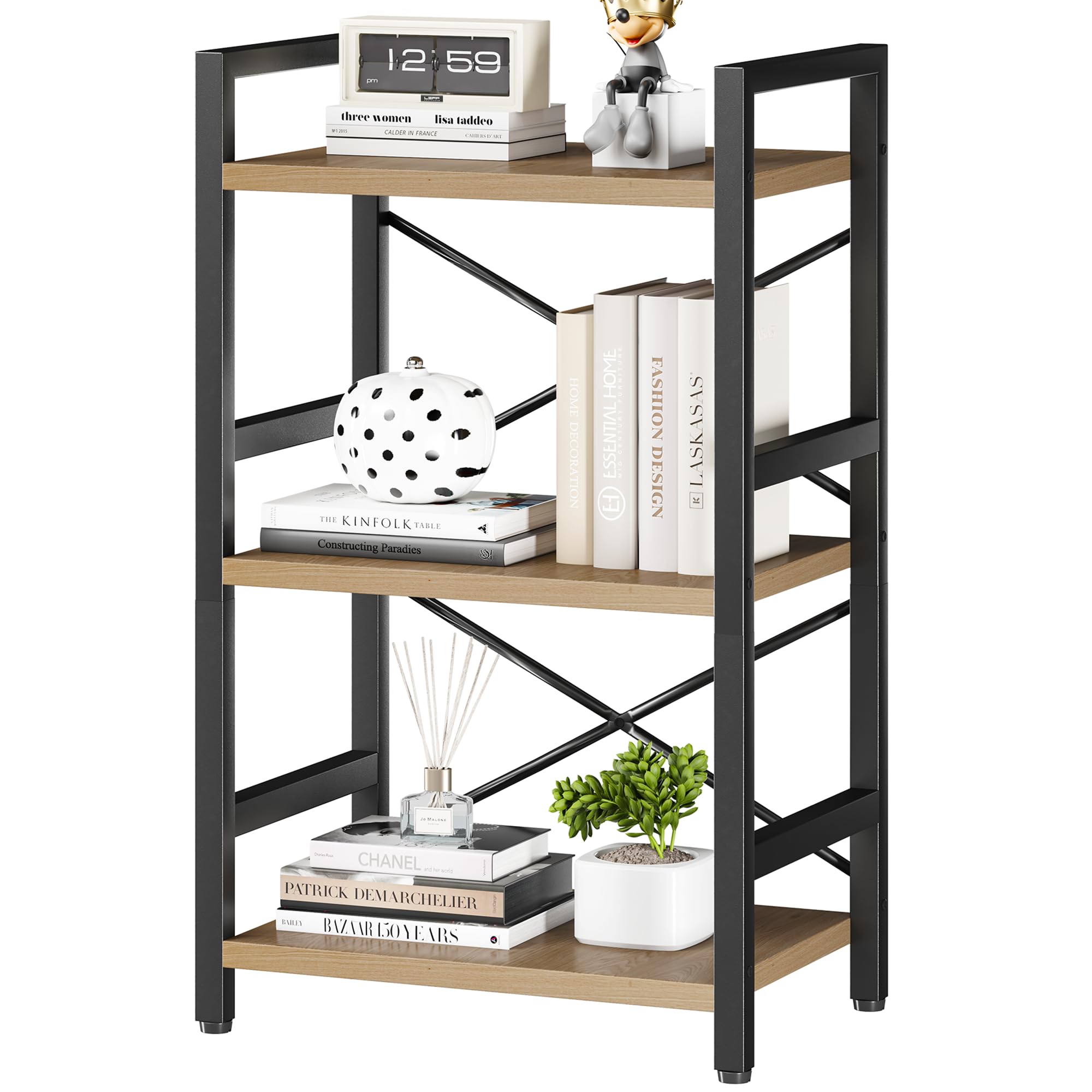 Homeiju Bookshelf, 3 Tier Industrial Bookcase, Metal Small Bookcase, Rustic Etagere Book Shelf Storage Organizer For Living Room