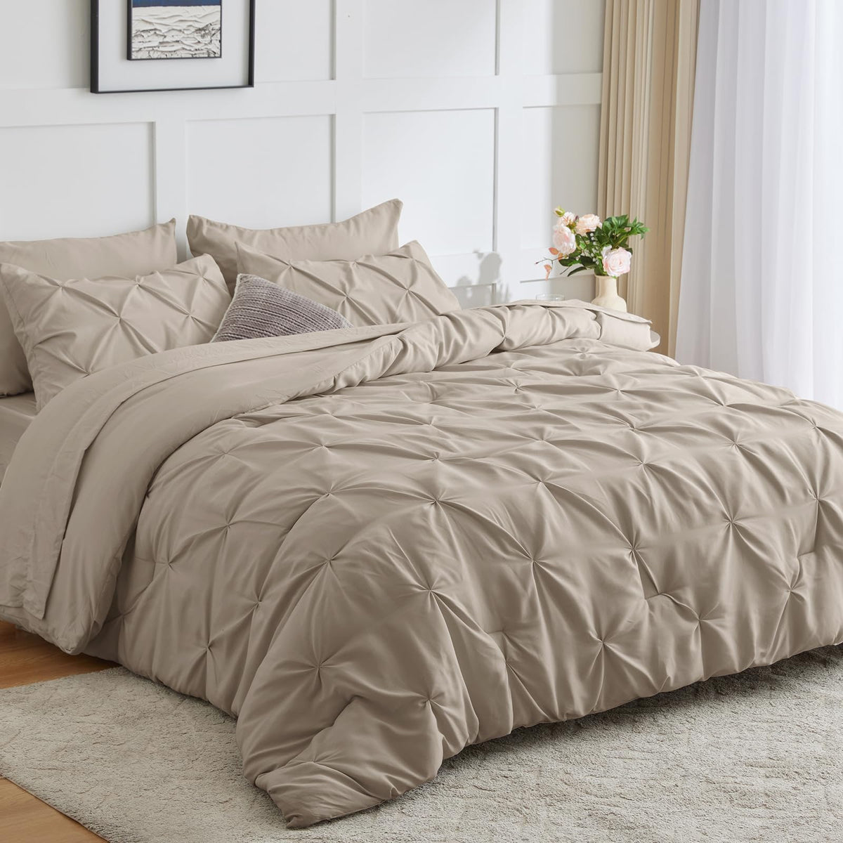Cozylux Full Comforter Set - 7 Pieces Bed In A Bag Oatmeal, Pintuck Pinch Pleat Bedding Sets With All Season Comforter, Flat She