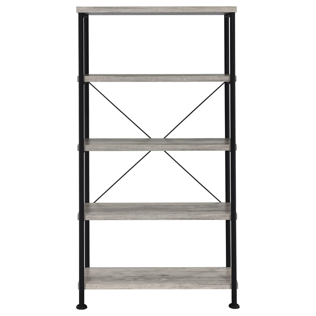 Coaster Home Furnishings Analiese Rustic Industrial 4-Tier Bookcase Etagere Bookshelf Office Storage Book Shelf Engineered Eco-Friendly Wood Look Laminate Sturdy Black Steel Base Grey Driftwood 801546