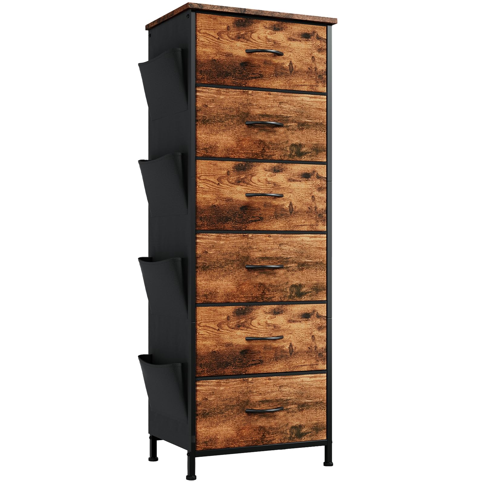Somdot Tall Dresser For Bedroom With 6 Drawers And Side Pockets, Storage Organizer Chest Of Drawers With Fabric Bins For Closet Bedside Nursery Living Room Entryway Hallway, Wood Grain Print
