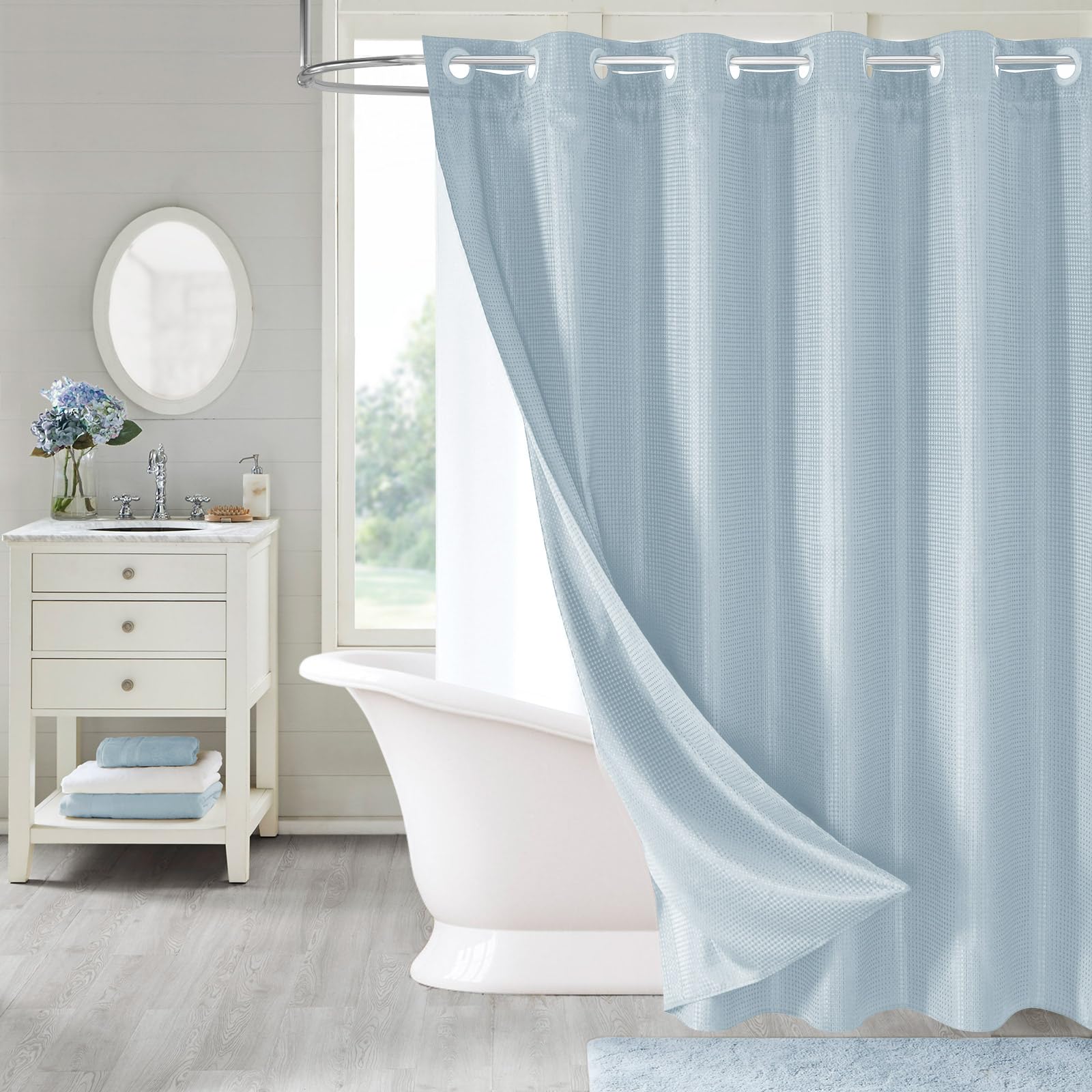 MitoVilla No Hooks Needed Extra Long Shower Curtain Set with Snap-in Liner, Blue 86 inch XL Heavyweight Waffle Fabric Cloth Show