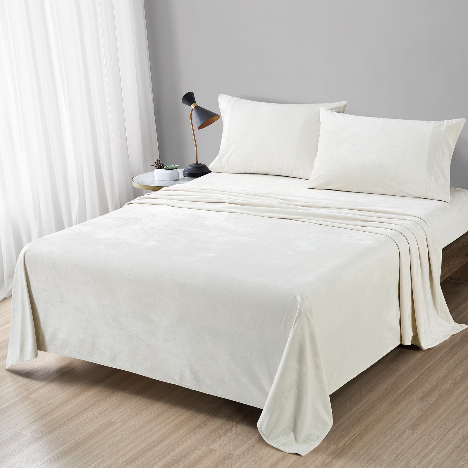 Fredsure Distressed Velvet Sheet Set, 4 Pieces Light Ivory King, Ultra Soft, Warm