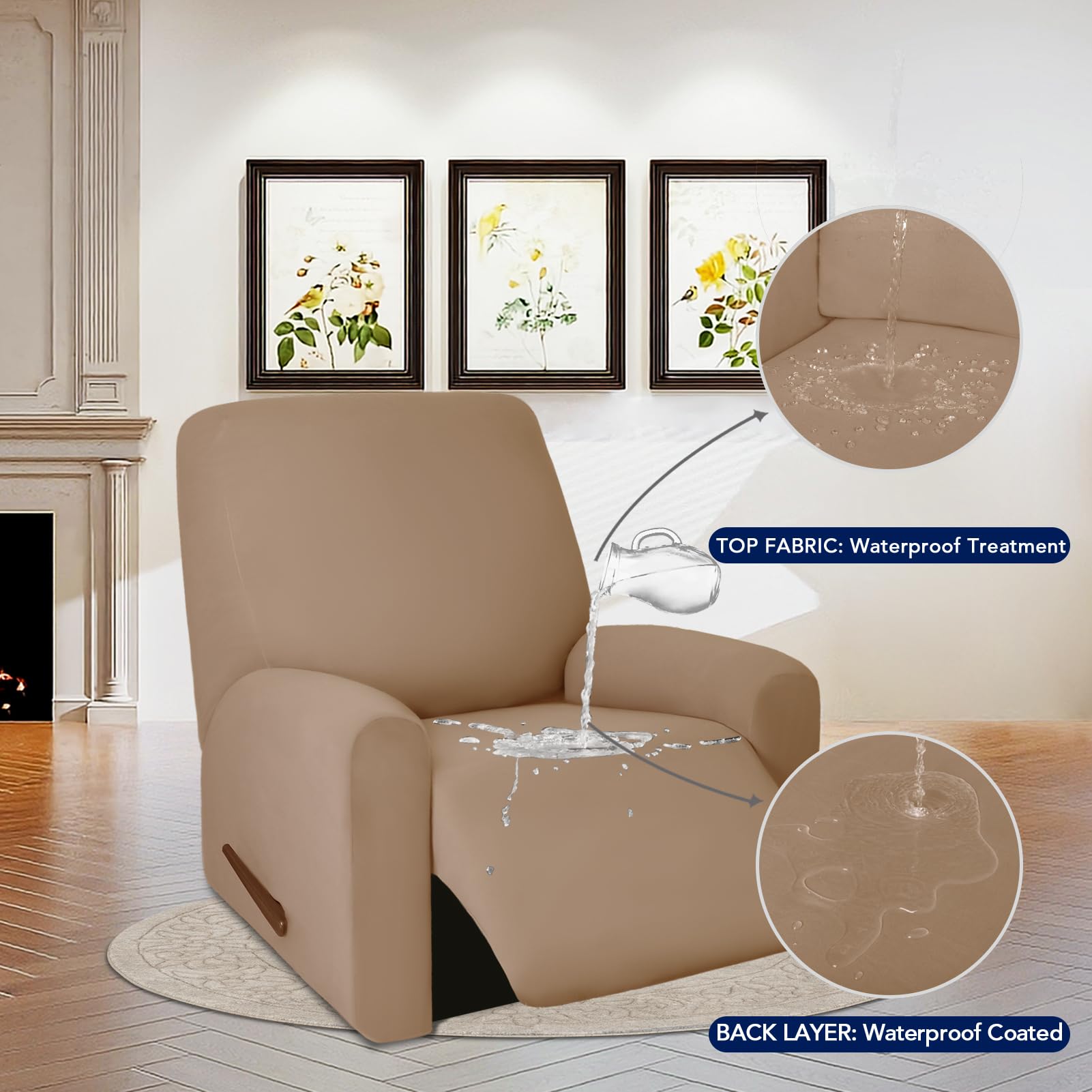 Purefit 100% Dual Waterproof Recliner Cover, Waterproof Couch Cover For Recliner - Stretch Non Slip Fleece Sofa Covers Washable, Leakproof Furniture Protector For Kids, Pets, Dog (Recliner, Camel)