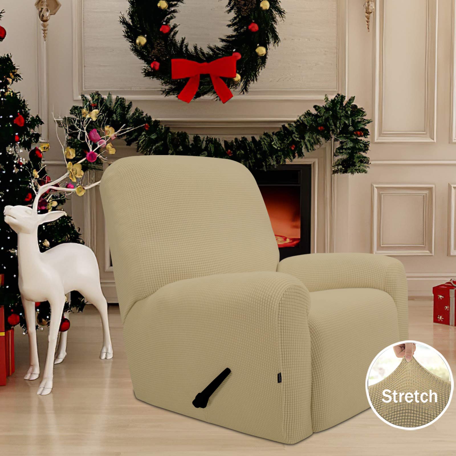 Easy-Going Recliner Stretch Sofa Slipcover Sofa Cover 4-Pieces Furniture Protector Couch Soft With Elastic Bottom Spandex Jacquard Fabric Small Checks(Large,Beige)