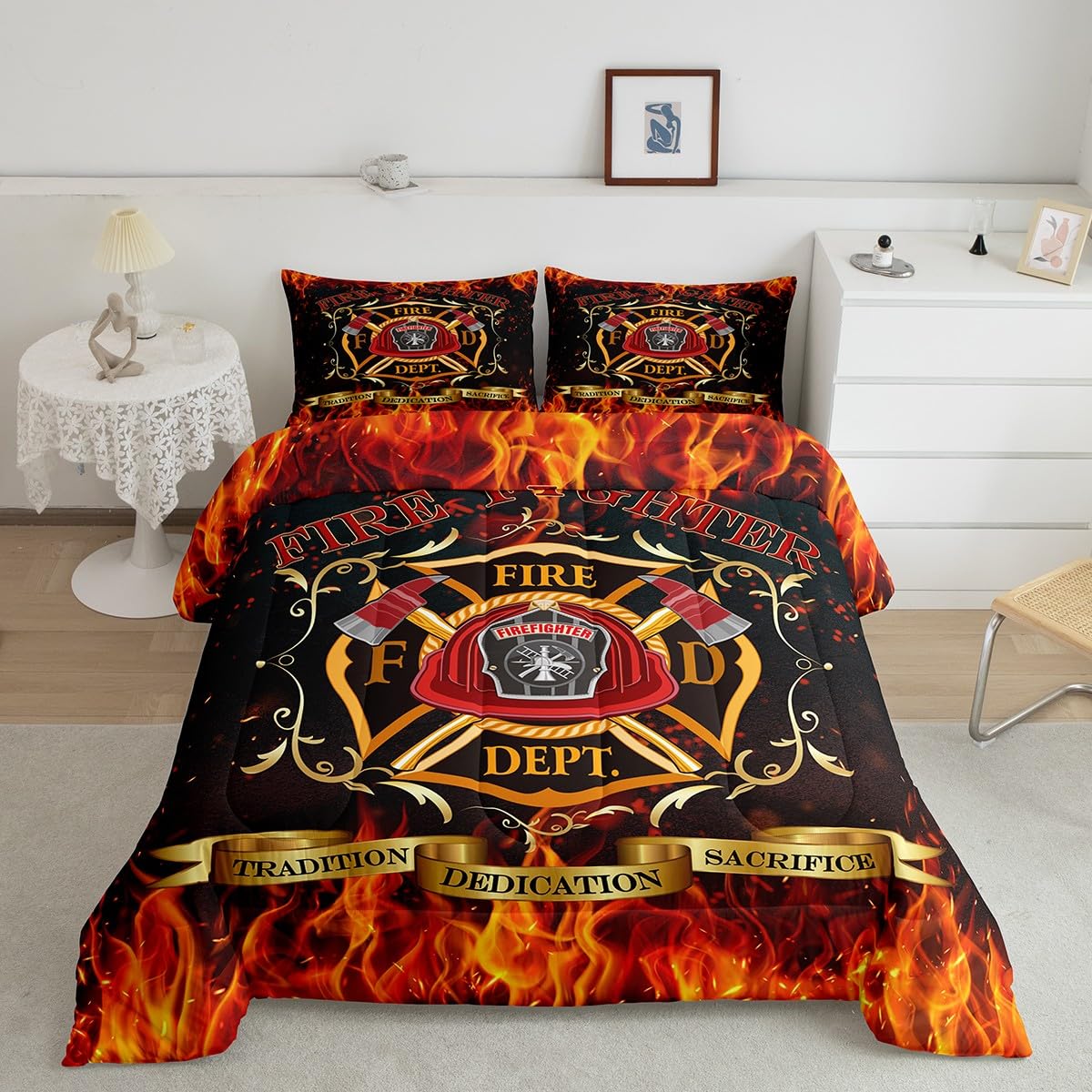 Boys Firefighter Theme Twin Size Comforter Set,Kids Red Flame Decor All Season Bedding Set,Teens Fireman Sign Comforter,Children