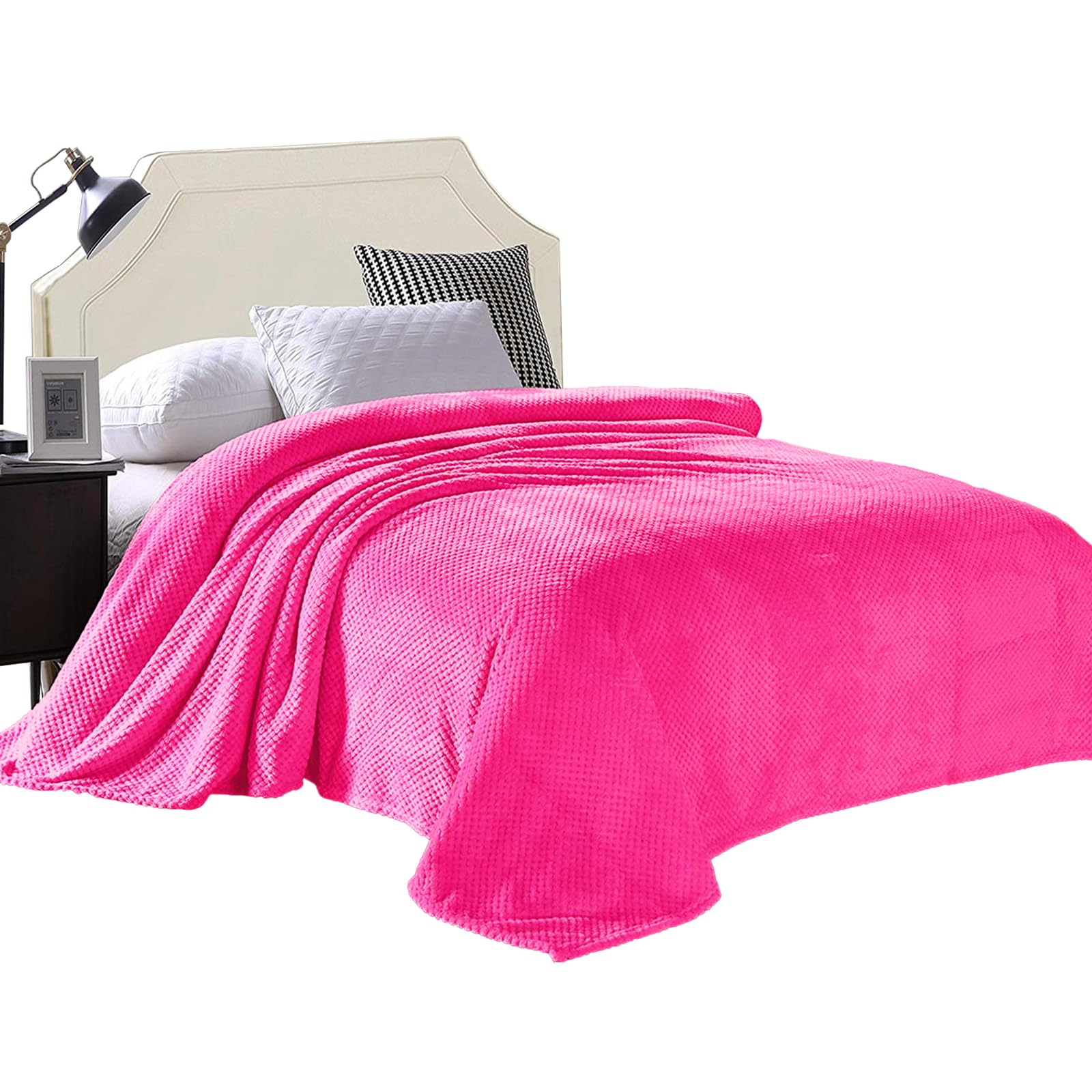 Exclusivo Mezcla Waffle Textured Soft Fleece Blanket, Queen Size Bed Blanket, Cozy Warm And Lightweight Hot Pink, 90X90 Inches