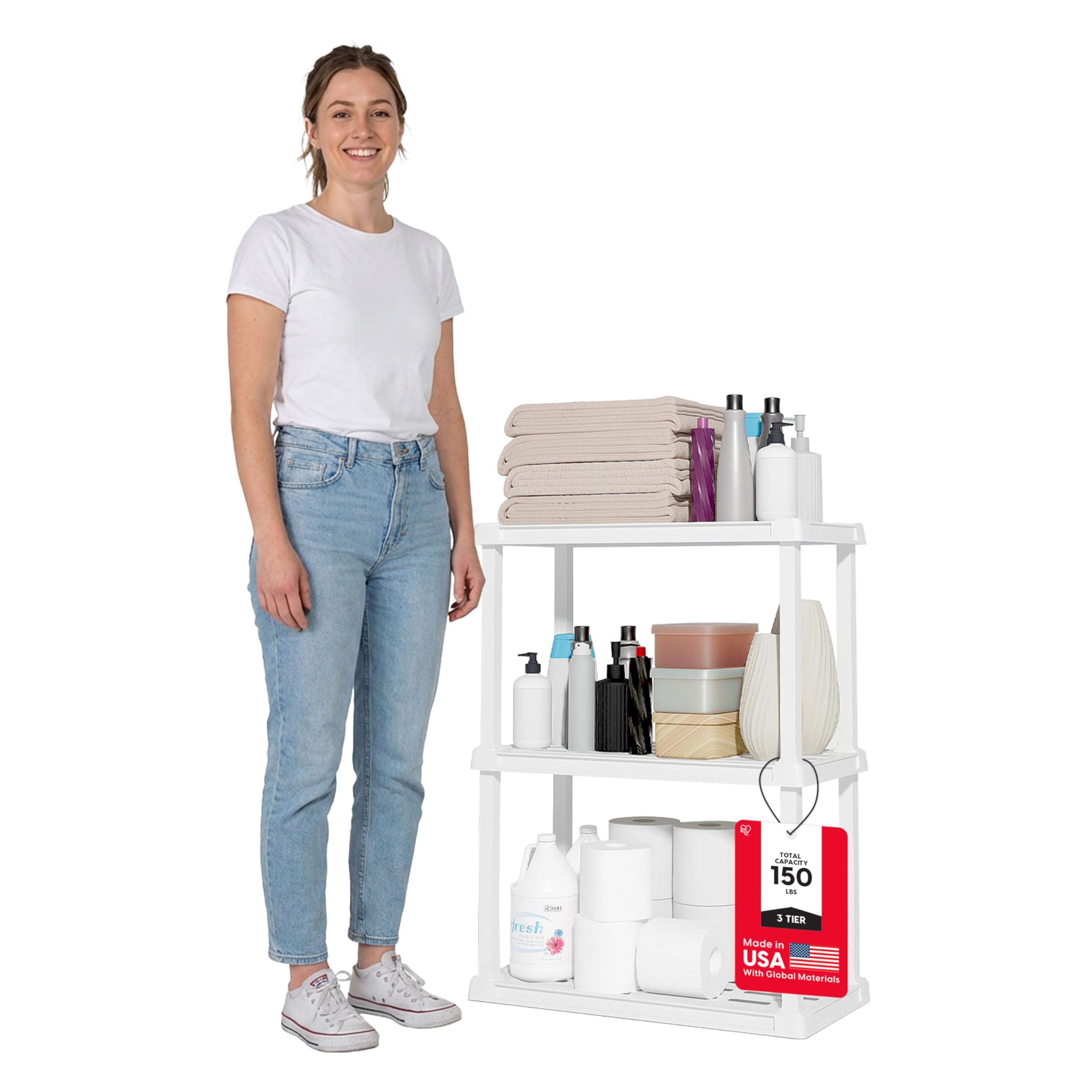 IRIS USA 3-Shelf Light Duty Plastic Storage Shelves, 150lb Capacity, 33 H x 24 W x 12 D, Medium Modular Shelving Unit Storage Or
