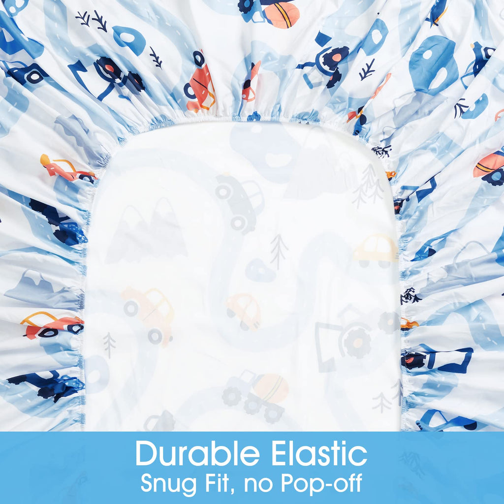Bysure Twin Sheets Set Kids(Car Trace, Blue), 3 Pieces Easy Fit Deep Pocket Sheets Set, Breathable Wrinkle-Free Microfiber Beddi