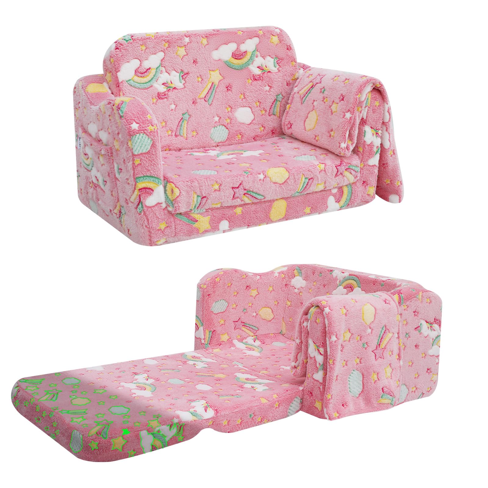 Folding Toddler Chair, Soft Plush Fold Out Kids Couch Sofa Glow in The Dark, Comfy Baby Recliner for Girls Boys (Glowing Unicorn