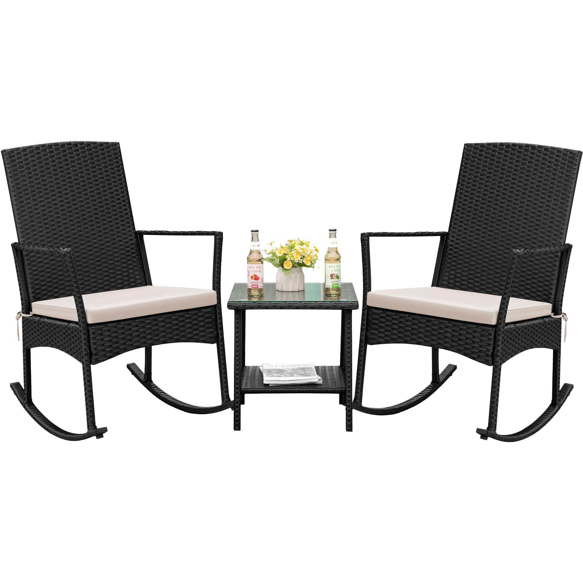 Flamaker Rocking Chair Outdoor Pe Rattan Patio Chairs With Glass Table High Back Porch Rocker For Balcony, Garden, Backyard (Beige)