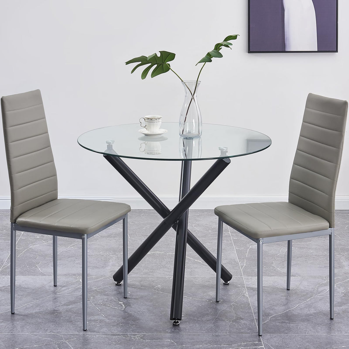 Peitaiko 3-Piece Round Glass Dining Room Set For 2,Black Tempered Glass Kitchen Table & Black Pu Chairs For For Dining Dinette/A