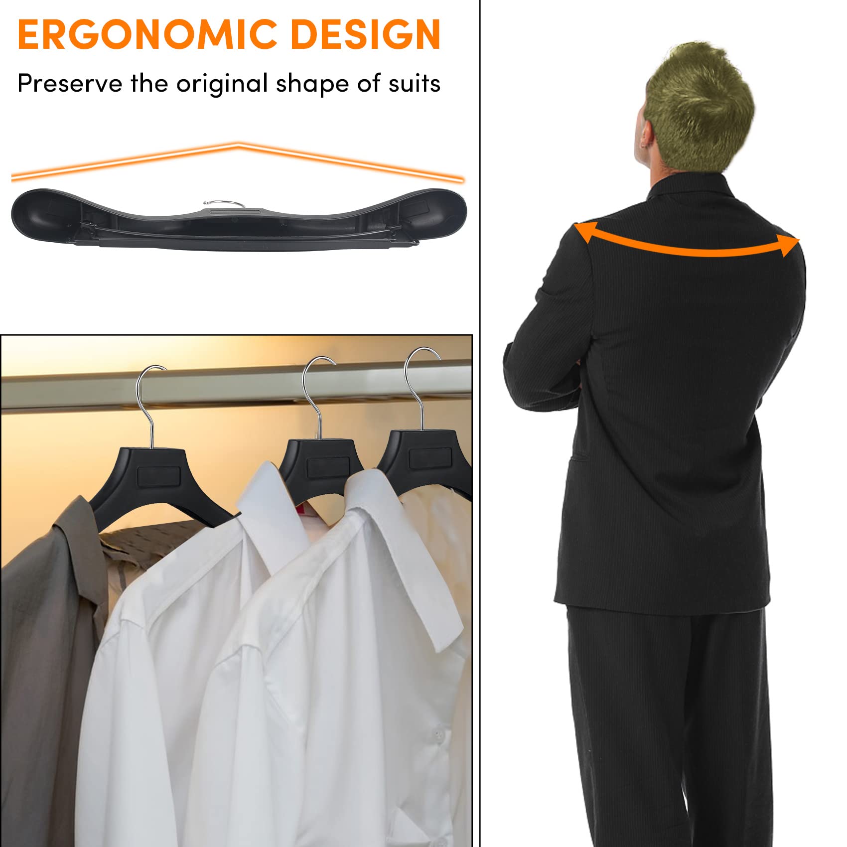 Dedu Suit Hangers For Men 20 Pack, Extra Wide Hangers Non Slip Width 17.7'', Black Coat Hangers Thick Plastic With Pants Bar 360